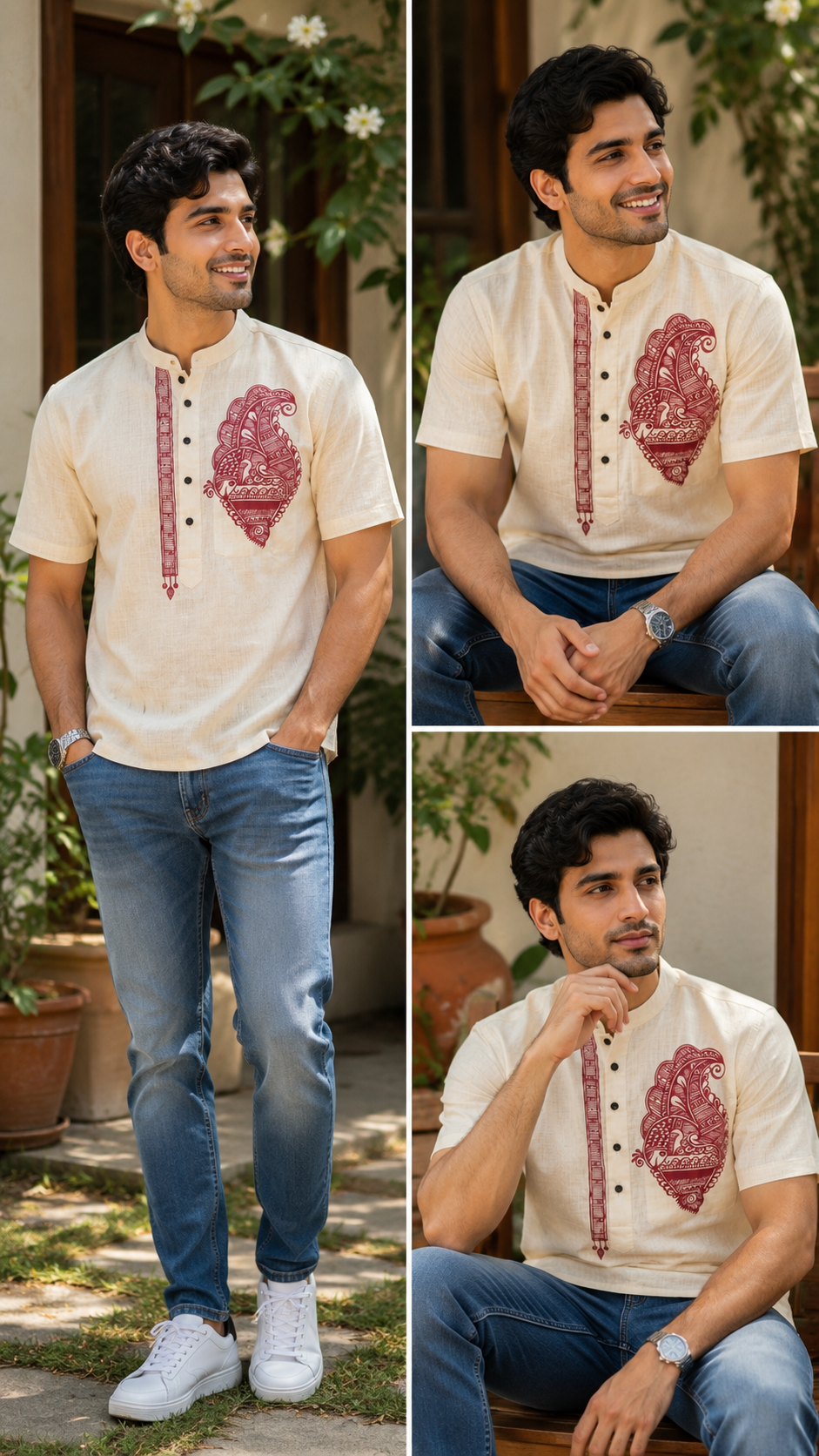 Hand-Painted Madhubani Art Men's Short Kurta • Cream • Linen-Cotton