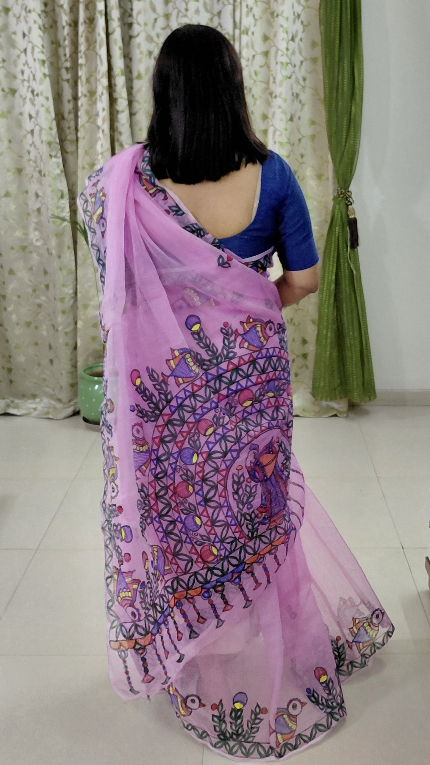 Orchid Pink Songbird Garden Madhubani Kota Doria Saree