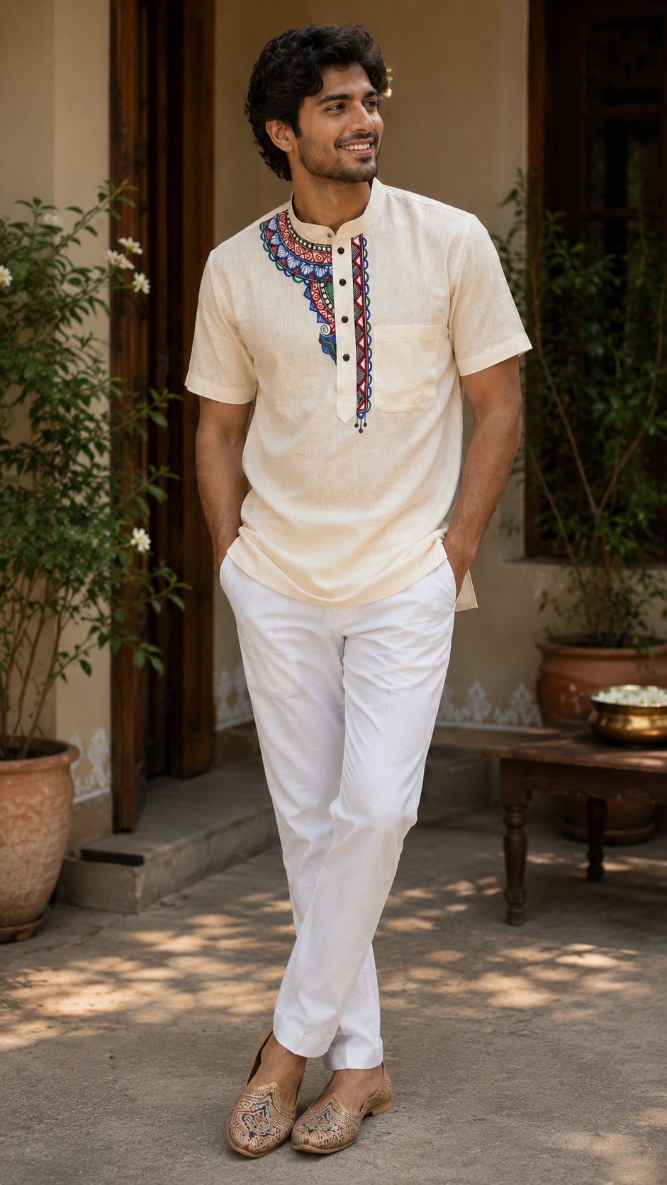 Hand-Painted Madhubani Art Men's Short Kurta • Cream • Linen-Cotton