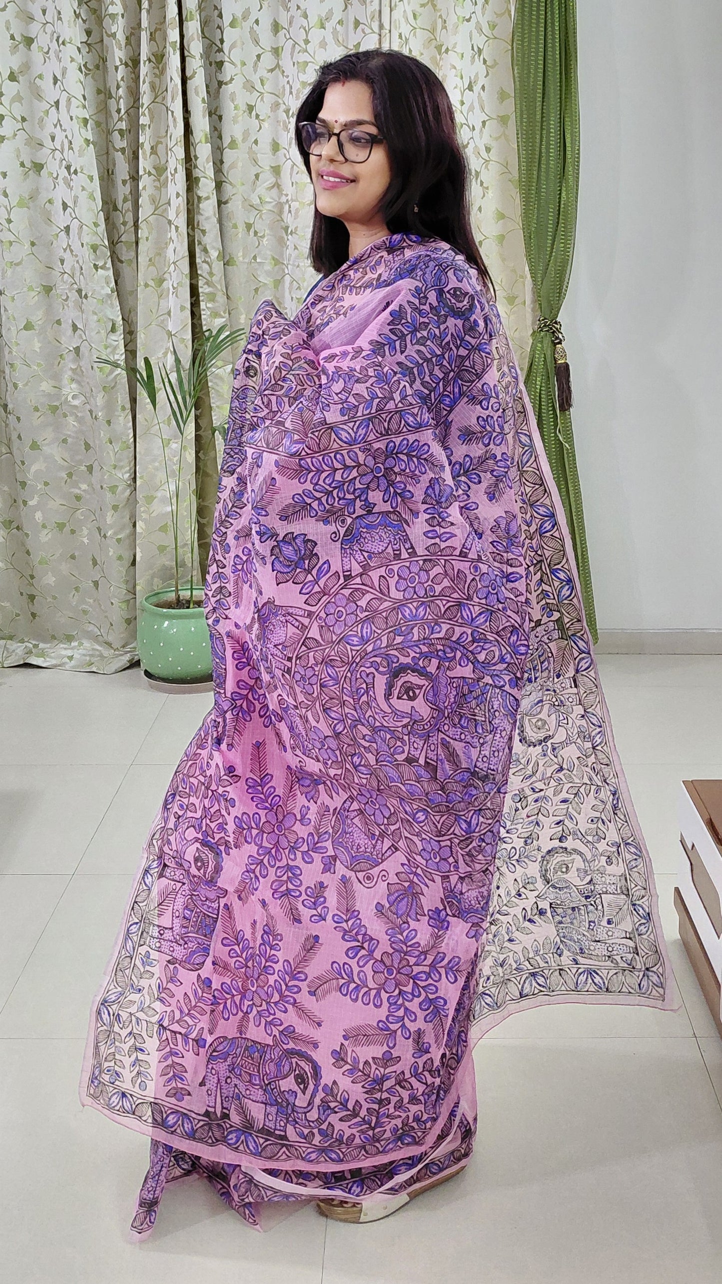 Blush Pink Gajraj Garden Madhubani Kota Doria Saree