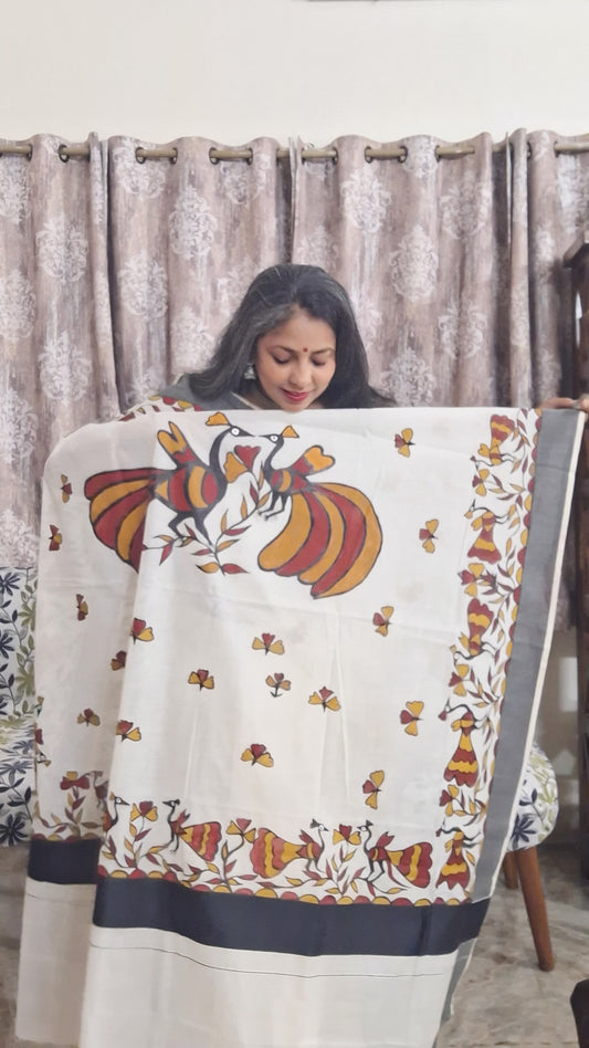 Sohrai Hand Painted Kerala Cotton Saree – Earthsong Birds on Off White