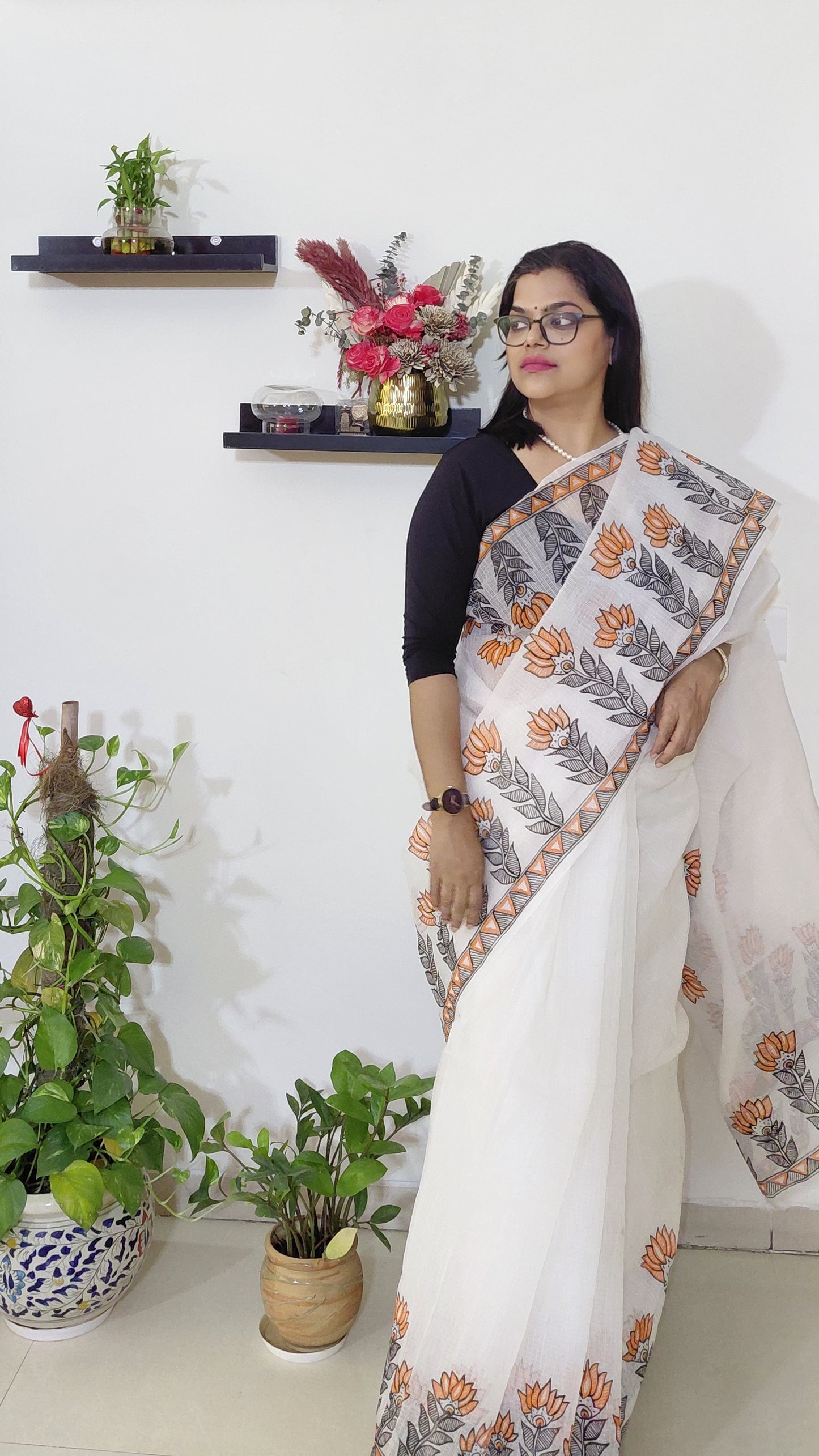 Ivory Lotus Bloom Madhubani Kota Doria Saree