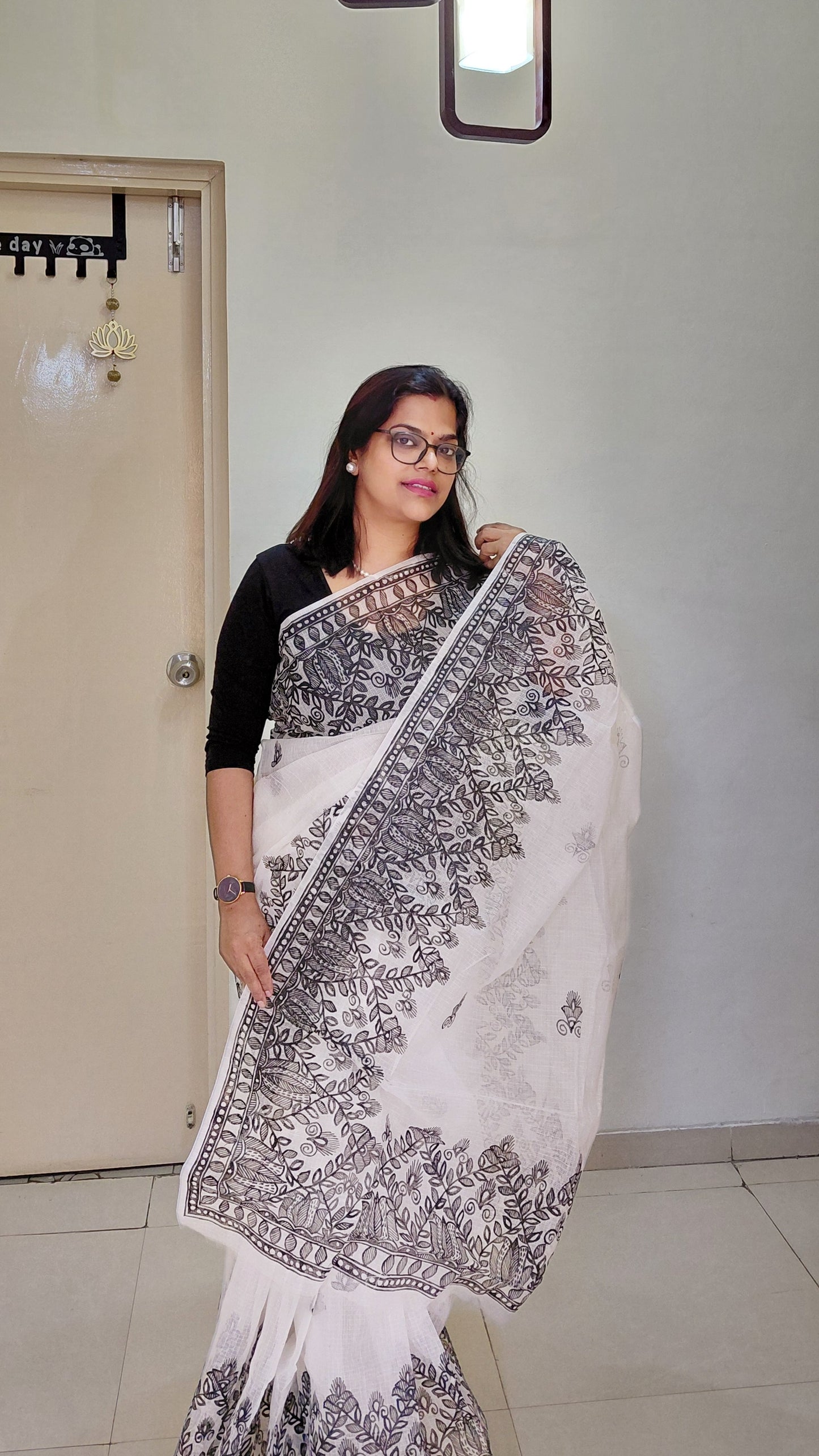 Ivory Monochrome Madhubani Kota Doria Saree