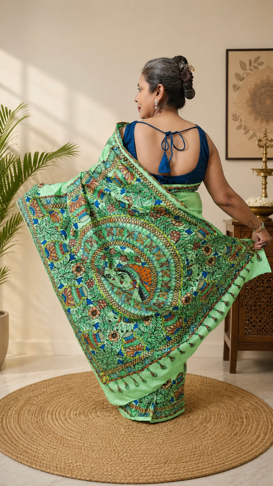 Mint Green Pure Silk Madhubani Saree | Rangika Studio