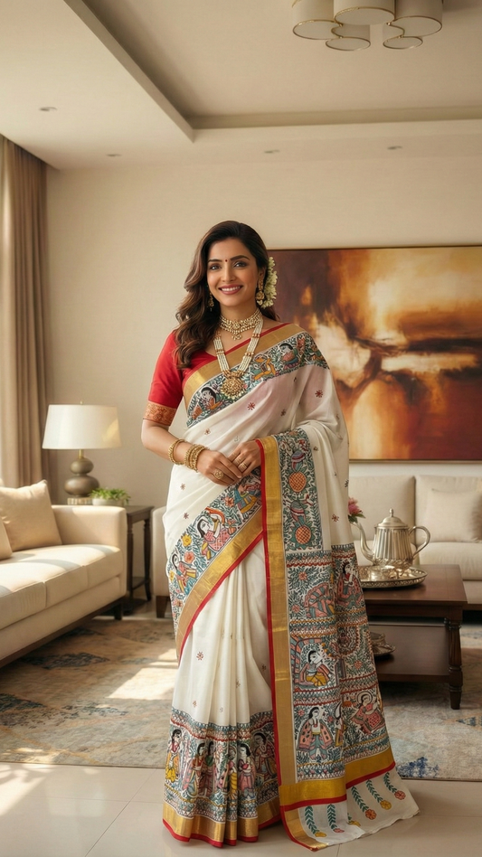 Ivory Kasavu Cotton Madhubani Saree | Rangika Studio