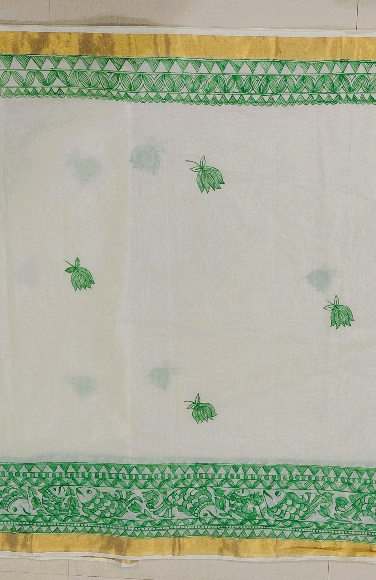 🐠 Ivory Kasavu Cotton Madhubani Saree | Rangika Studio