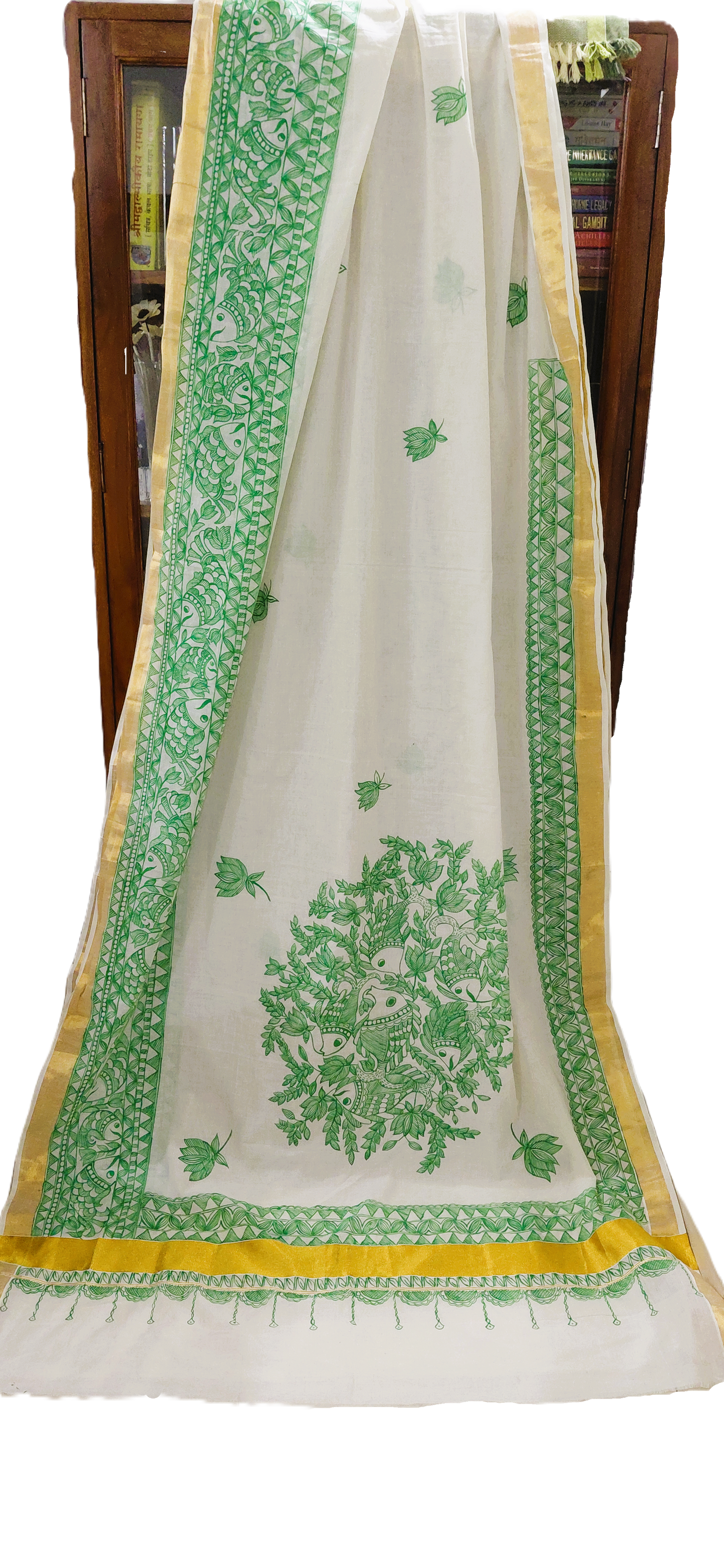 🐠 Ivory Kasavu Cotton Madhubani Saree | Rangika Studio