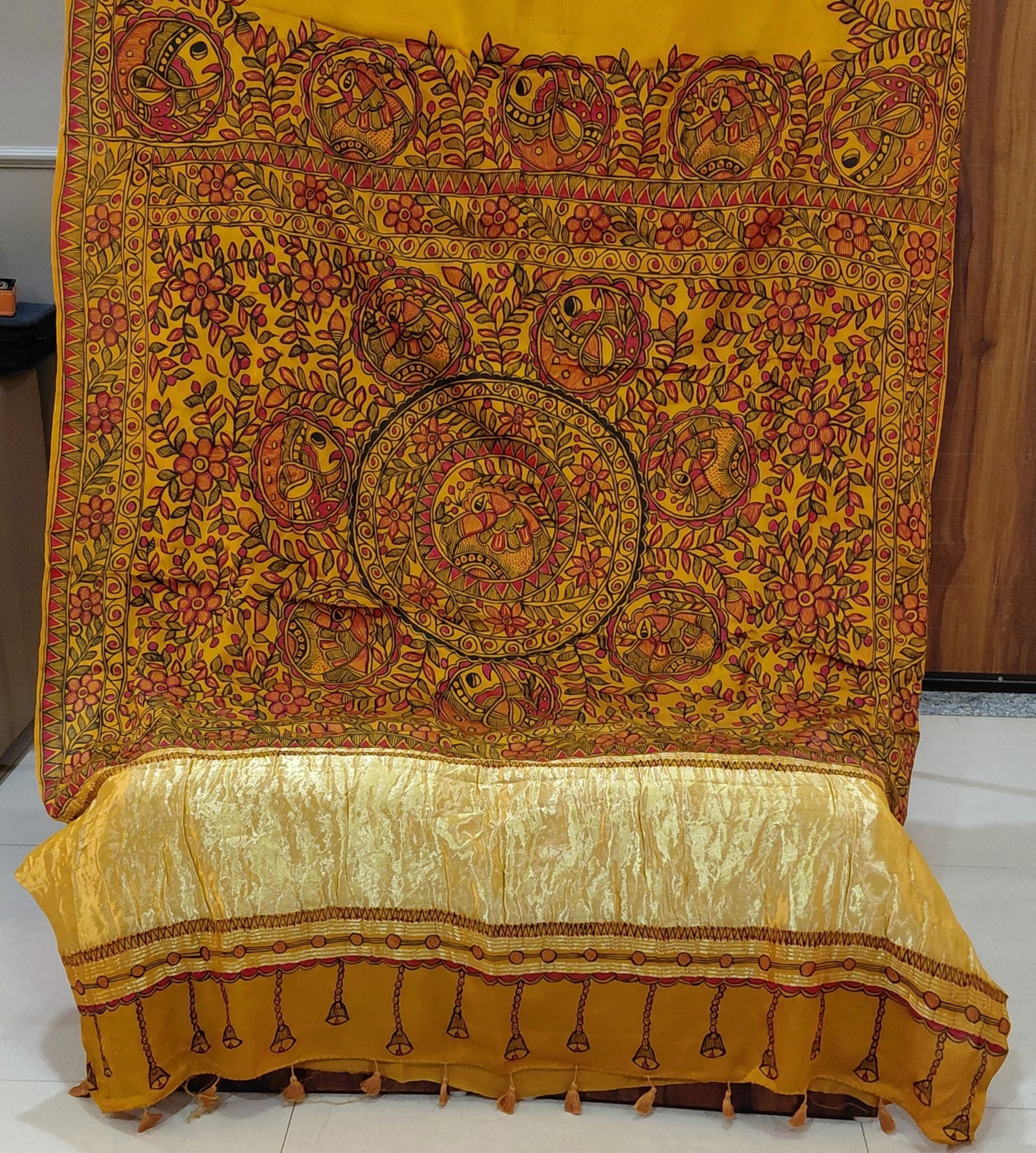 Mustard Modal Silk Madhubani Saree | Rangika Studio