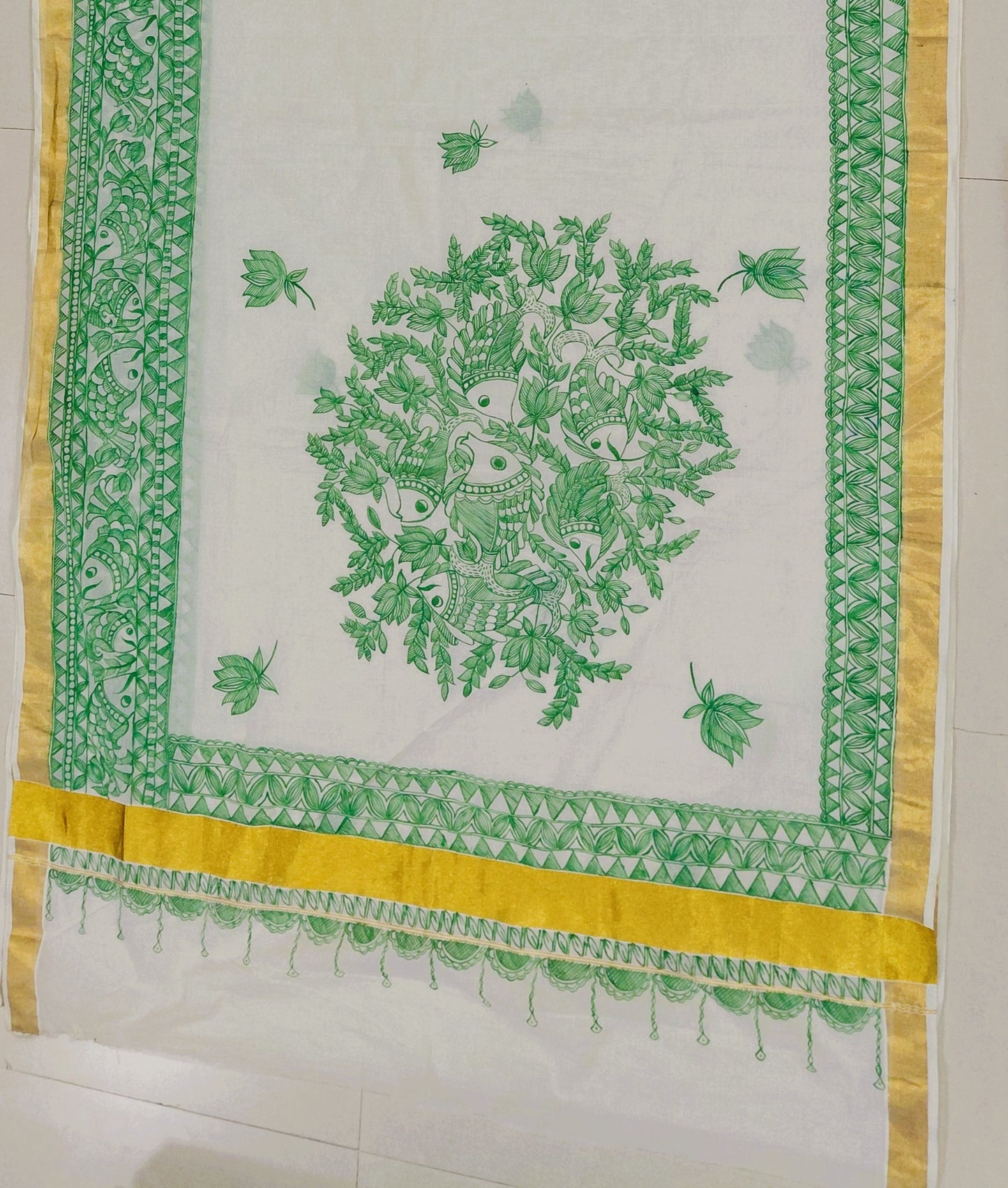 🐠 Ivory Kasavu Cotton Madhubani Saree | Rangika Studio