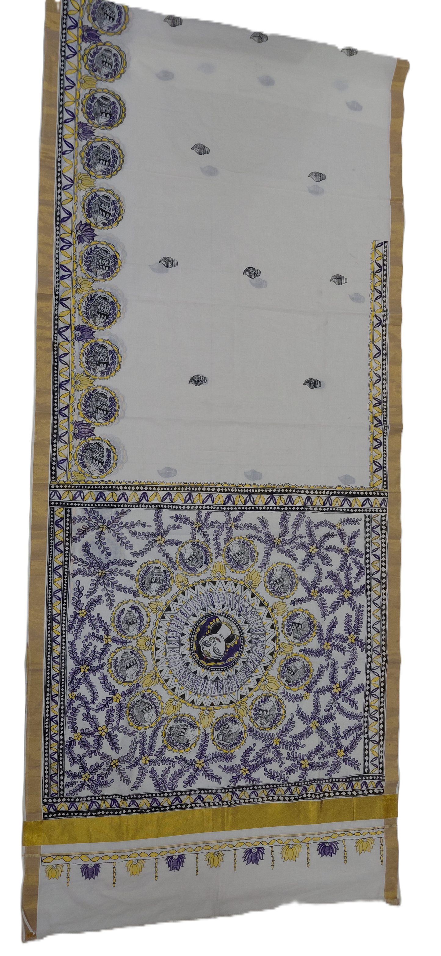 🪙 Ivory Kasavu Cotton Madhubani Saree | Rangika Studio