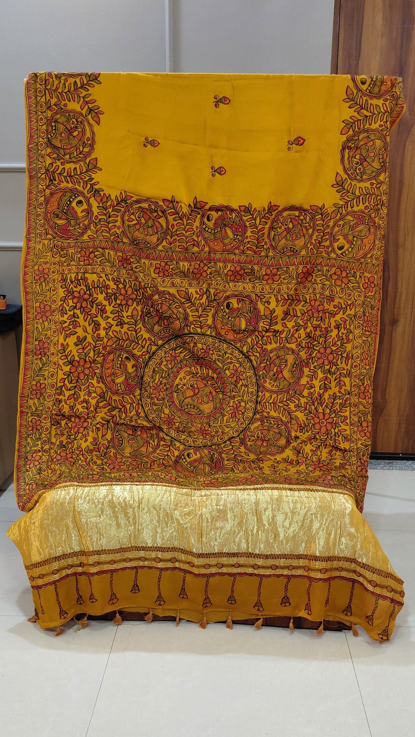 Mustard Modal Silk Madhubani Saree | Rangika Studio