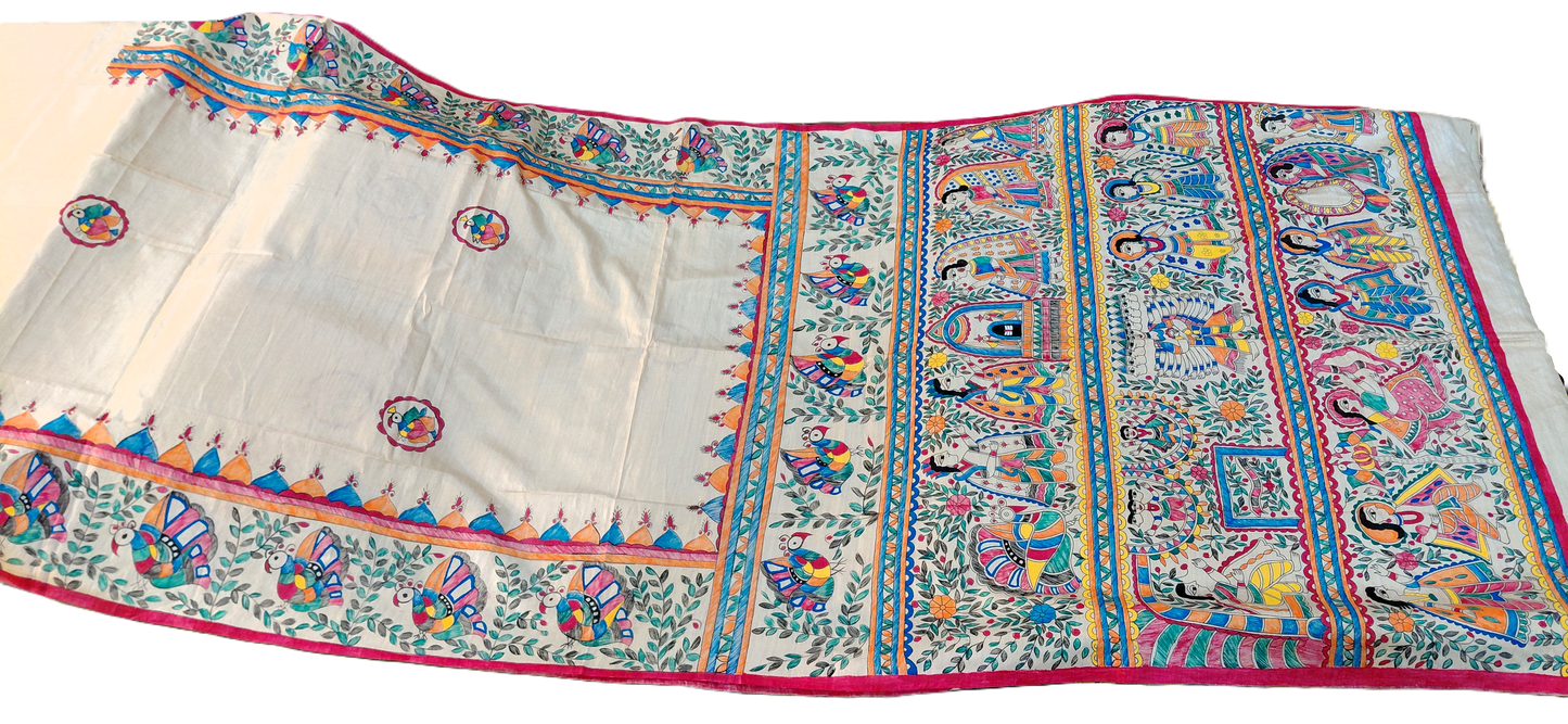 Ivory Tussar Silk Madhubani Saree | Rangika Studio