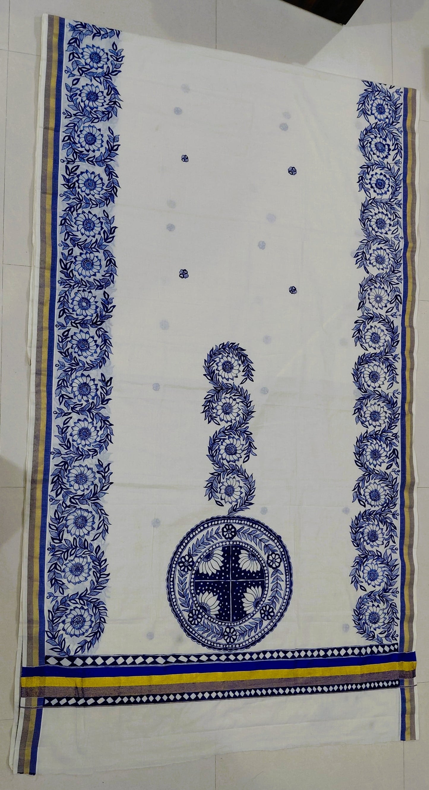 Ivory Kerala Cotton (Kasavu) Madhubani Saree | Rangika Studio