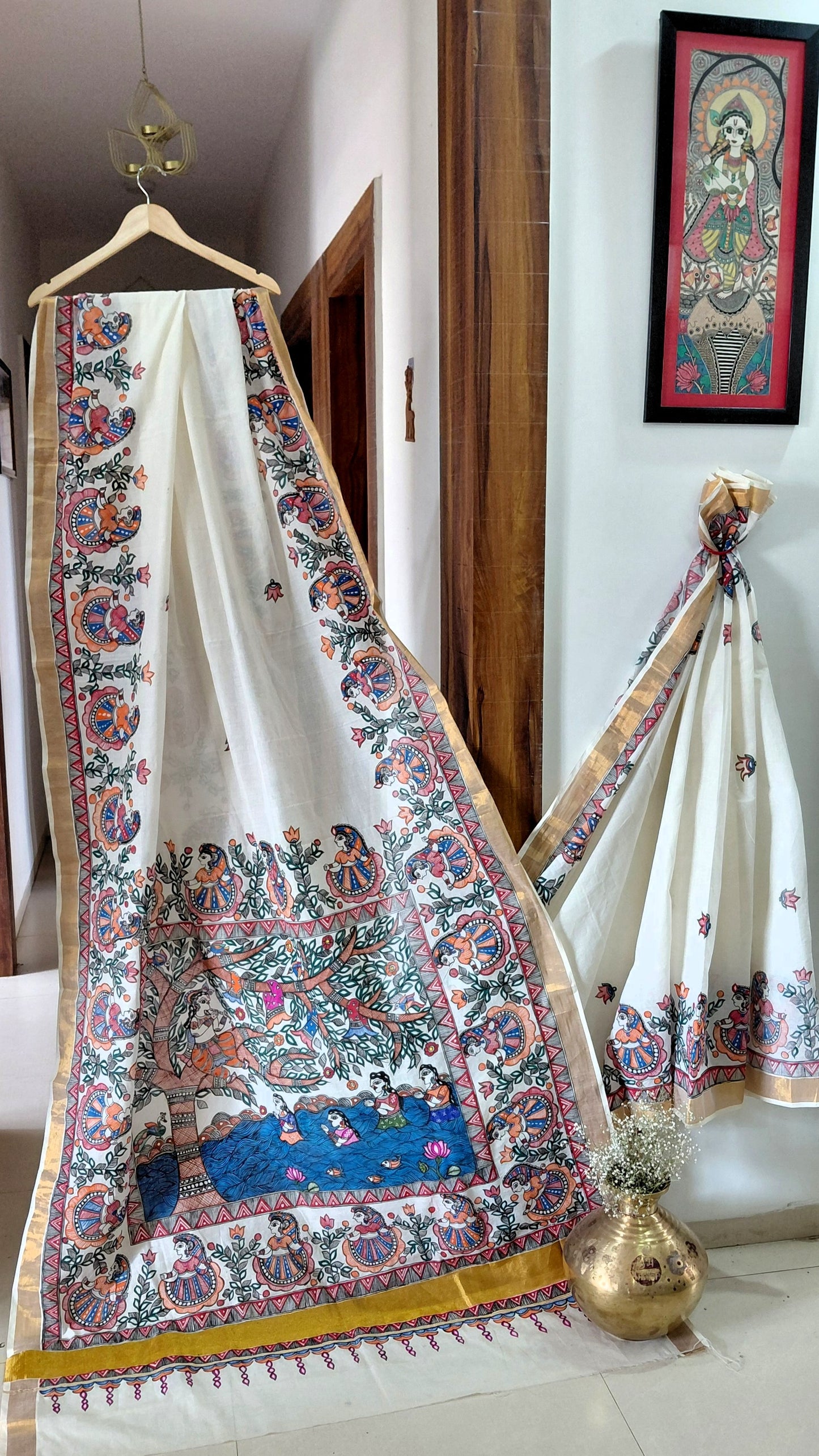 Beige Kasavu Madhubani Saree | Rangika Studio
