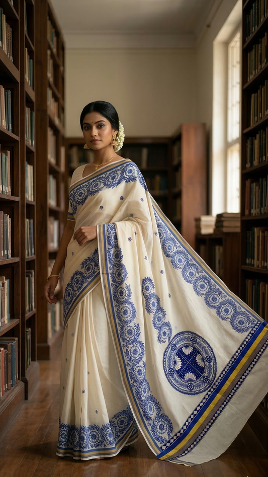 Ivory Kerala Cotton (Kasavu) Madhubani Saree | Rangika Studio