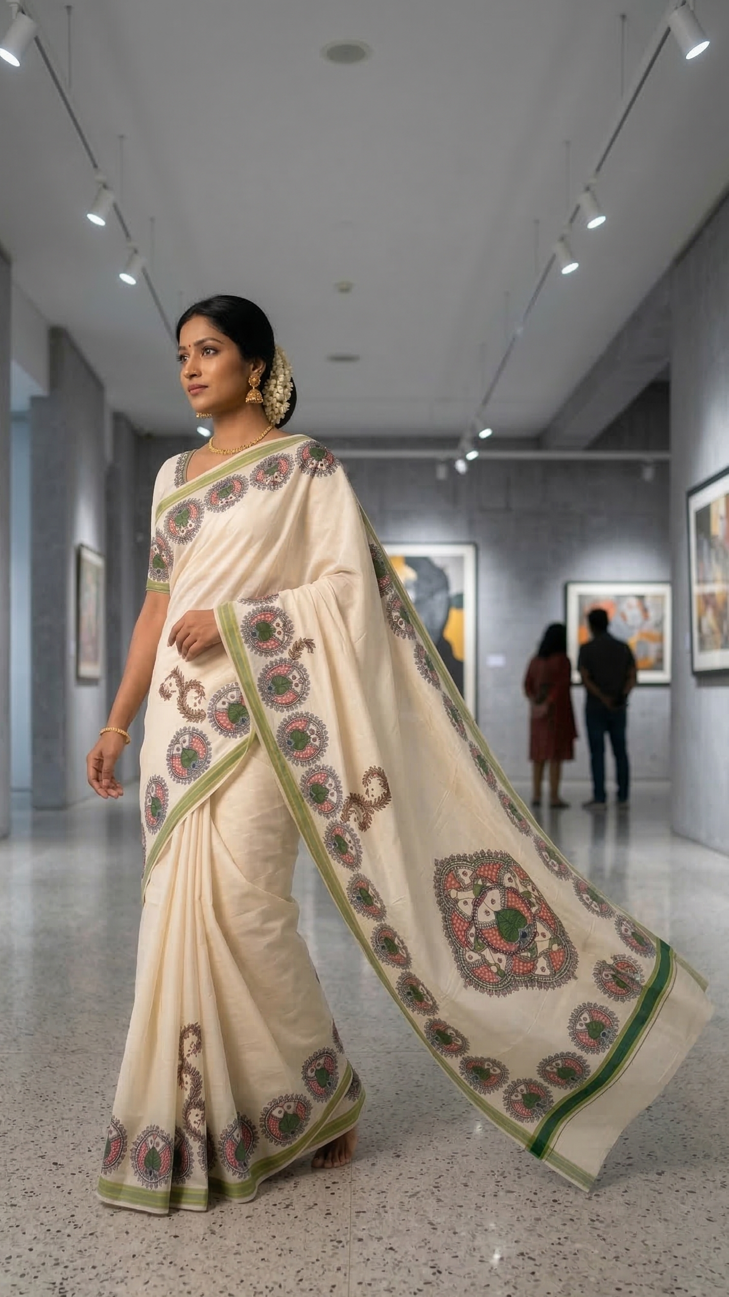 Ivory Kasavu Cotton Madhubani Saree | Rangika Studio