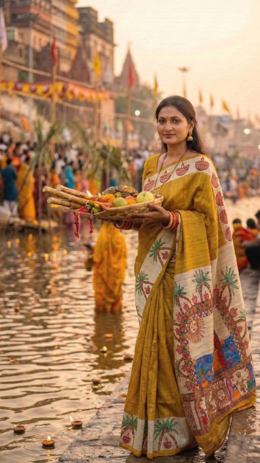 Mustard Tussar Ghicha Madhubani Saree | Rangika Studio