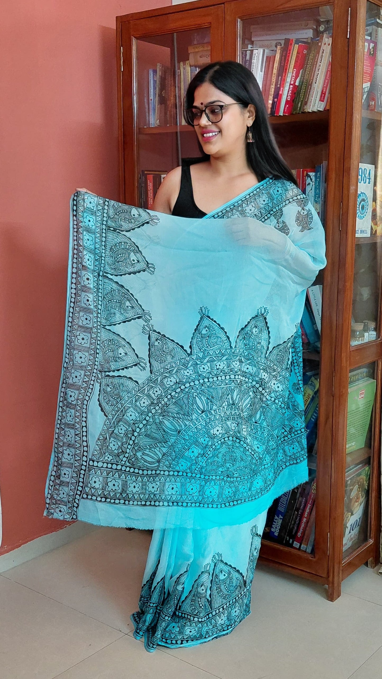 Grand Madhubani Matsya artwork on the pallu of the Sky Blue Chiffon Saree