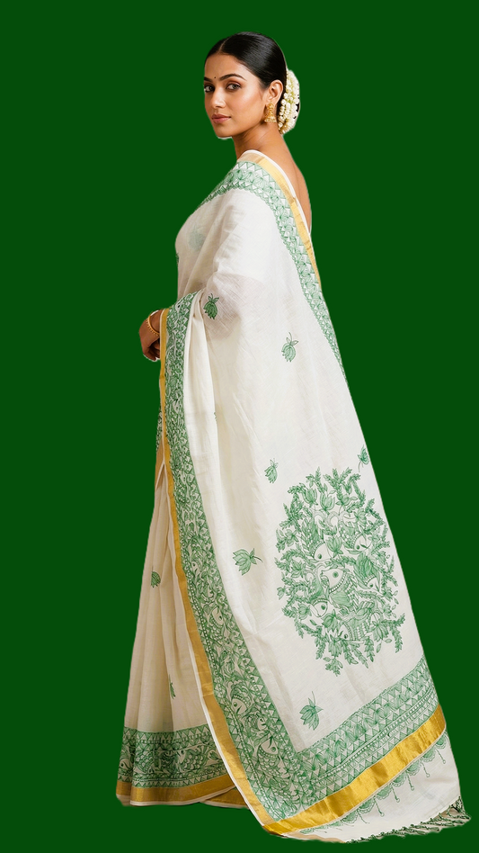 🐠 Ivory Kasavu Cotton Madhubani Saree | Rangika Studio