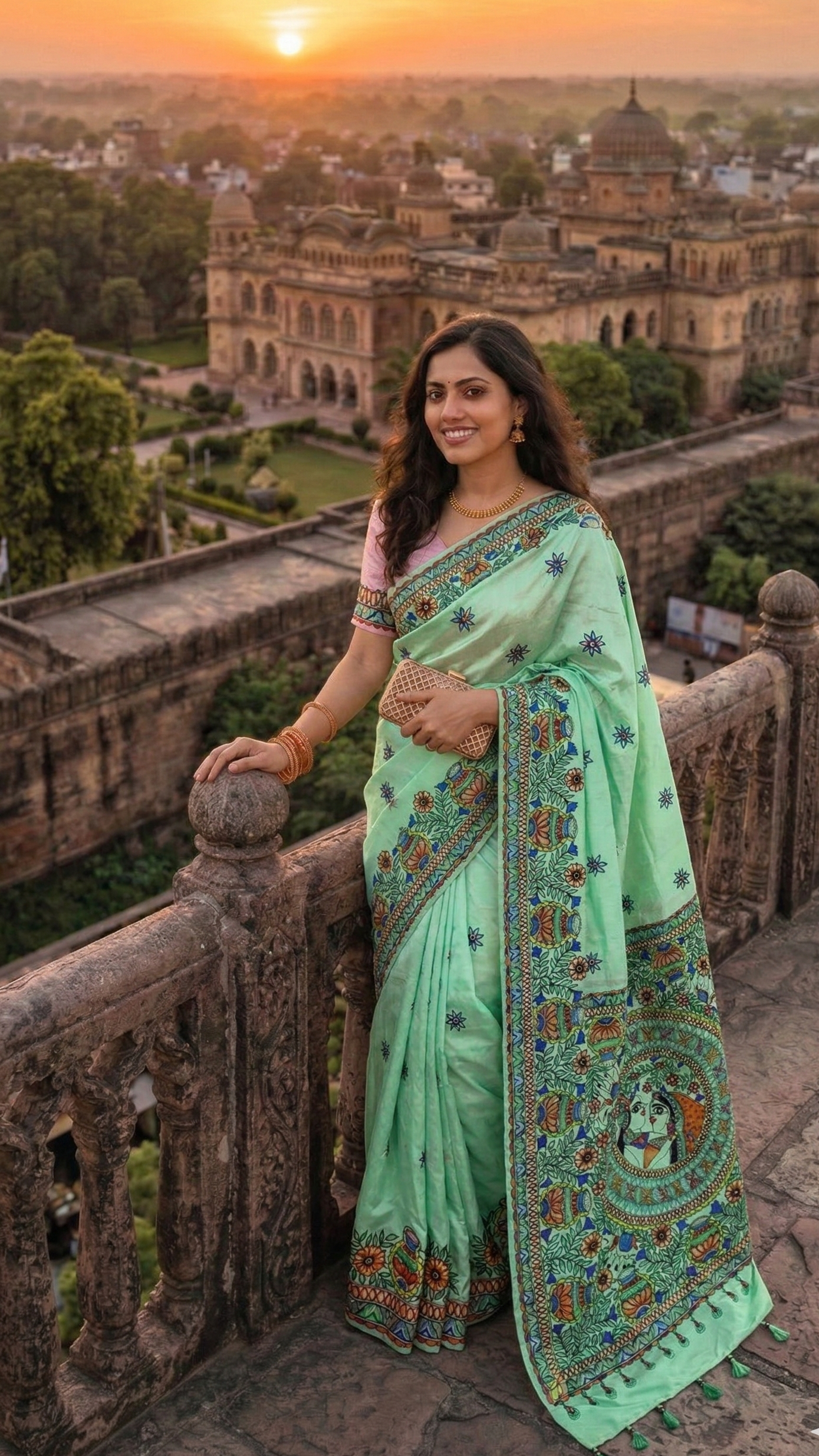 Mint Green Pure Silk Madhubani Saree | Rangika Studio