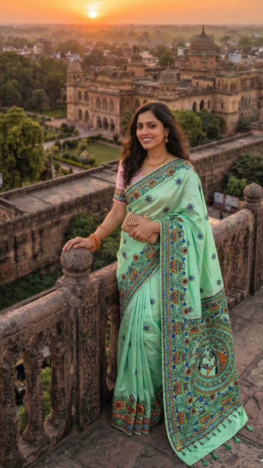 Mint Green Pure Silk Madhubani Saree | Rangika Studio