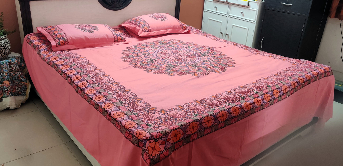Hand Painted Madhubani Bedsheet Pink Colour