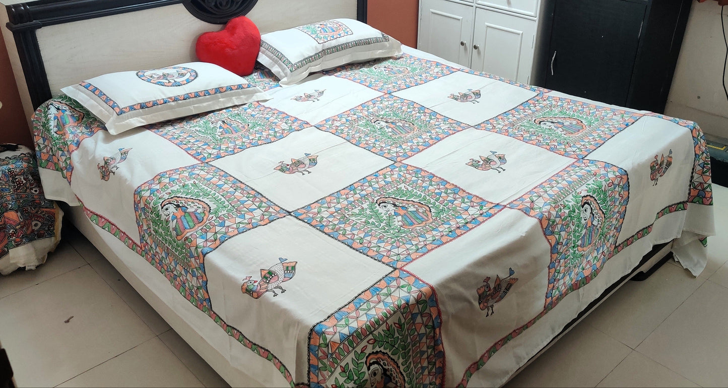 mithila art bedsheet peacock motif handmade