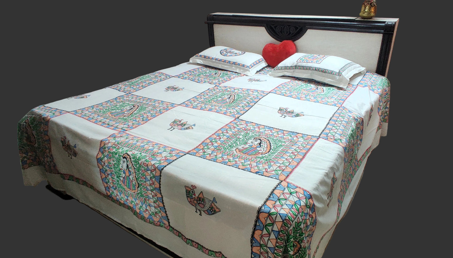 hand painted bedsheet feminine figure madhubani design