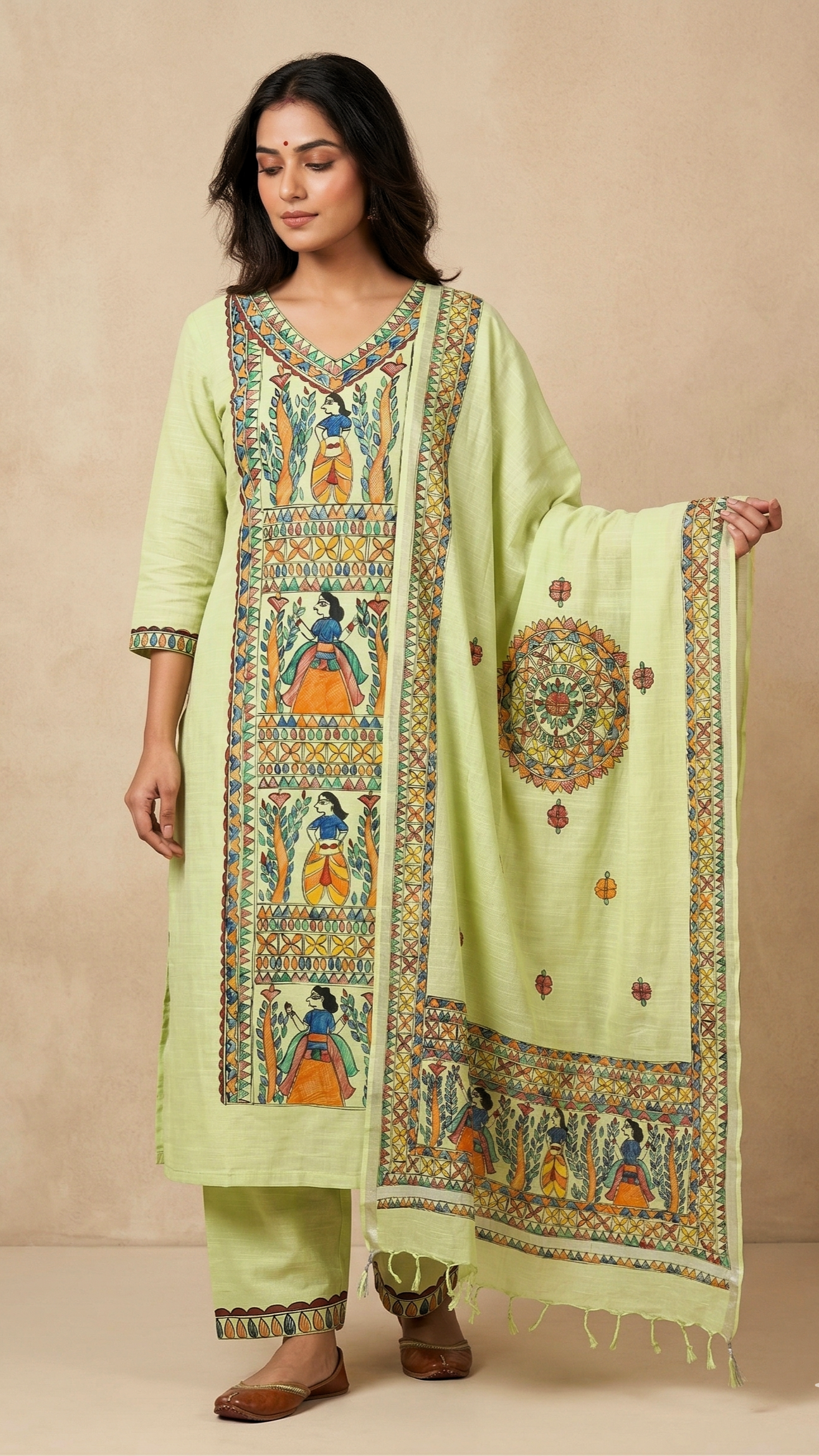 Hand-painted green Madhubani cotton suit set worn by model with dupatta, featuring traditional Mithila art panel design