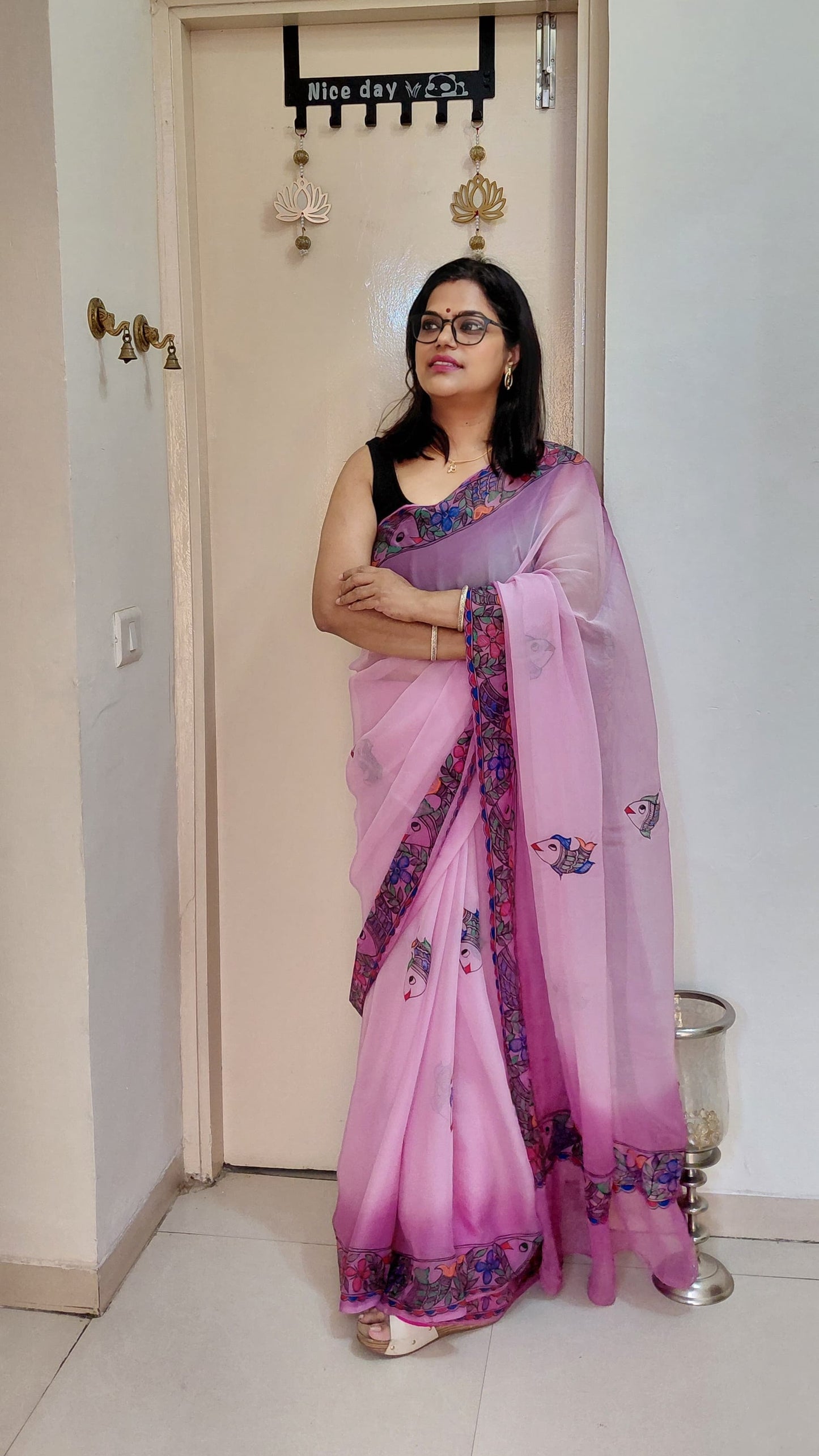 Hand-painted Floral Fish Madhubani Chiffon Saree Front View