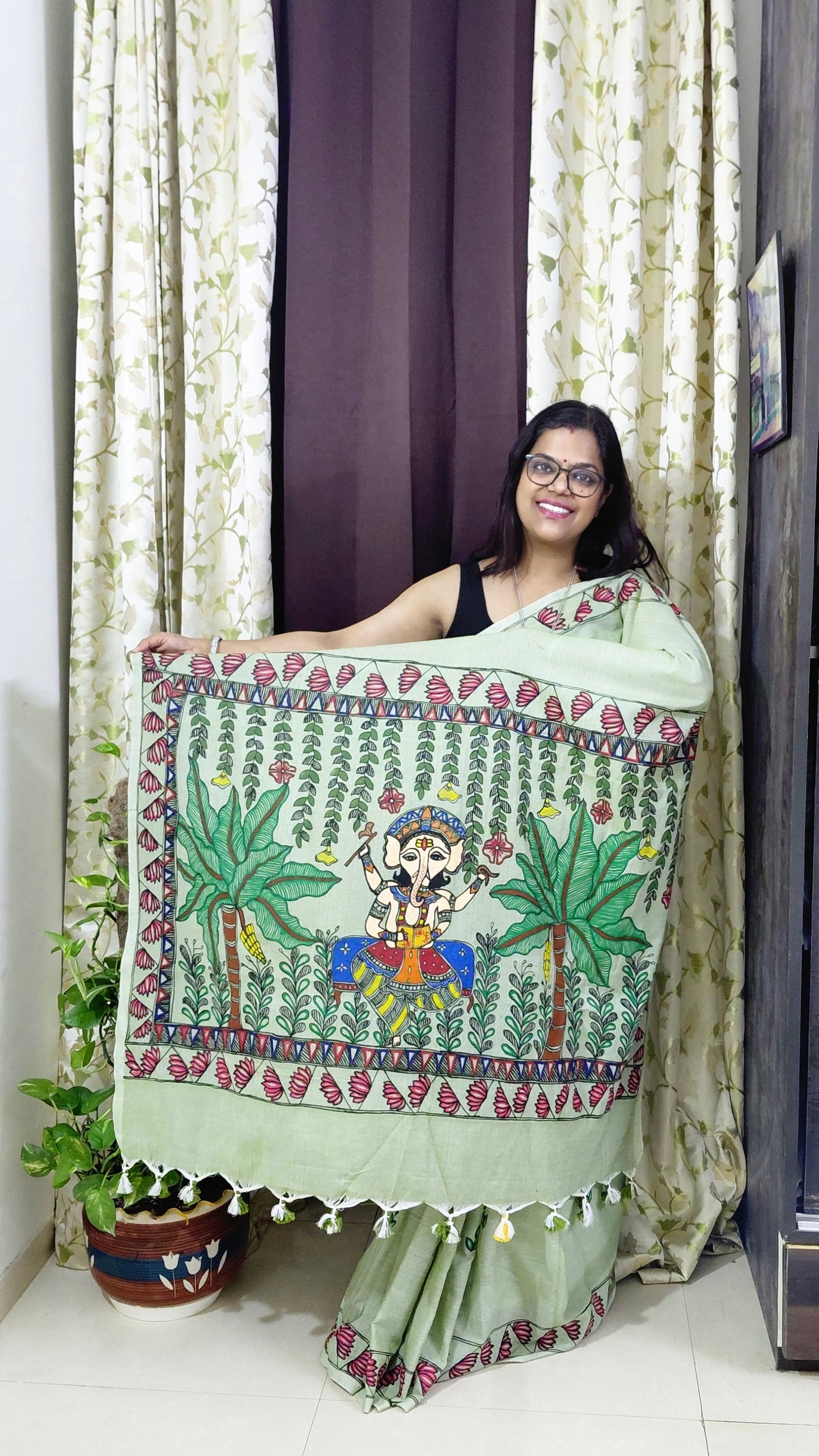 Hand-painted Lord Ganesha artwork on Khadi Cotton saree
