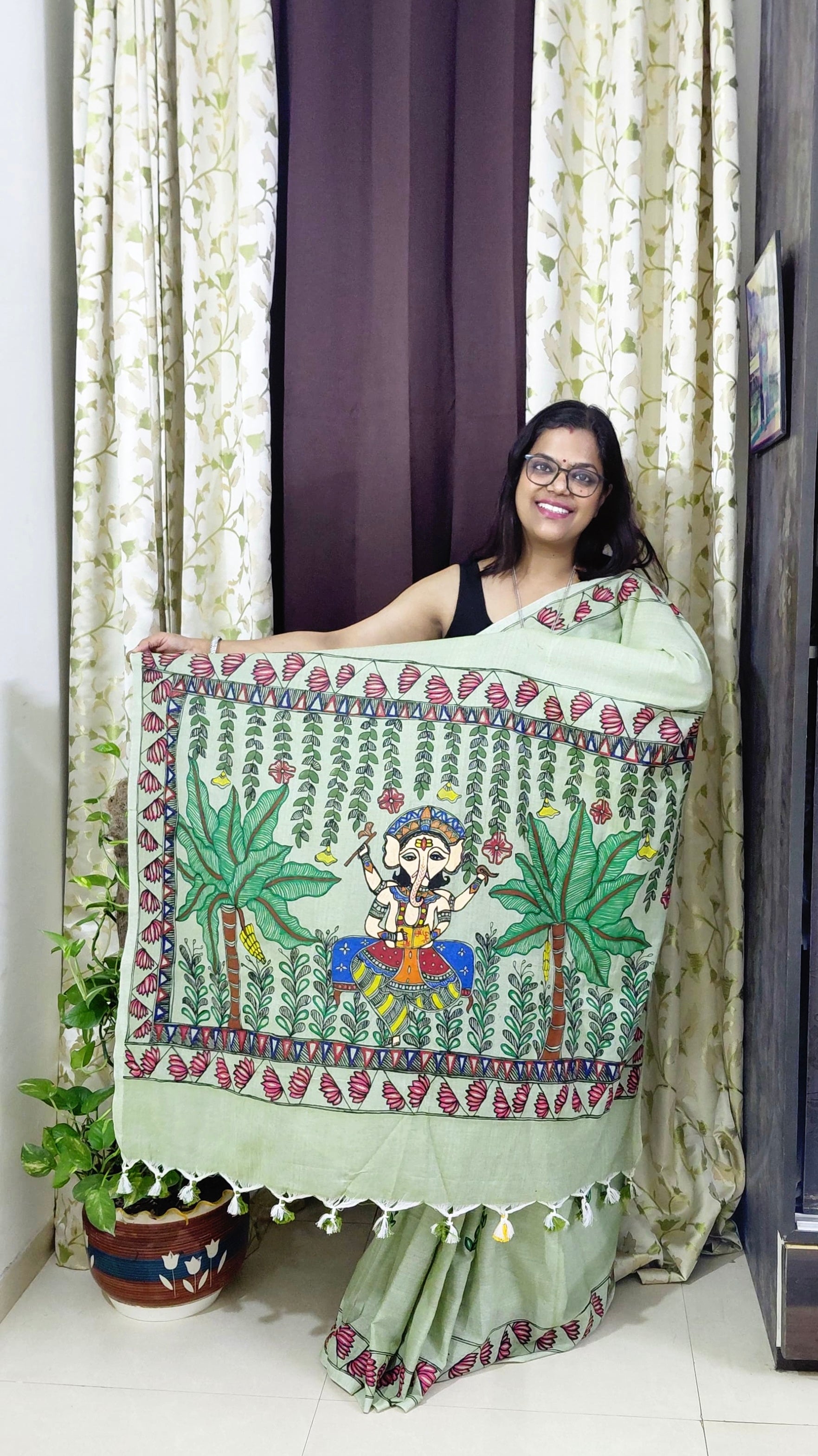 Hand-painted Lord Ganesha artwork on Khadi Cotton saree