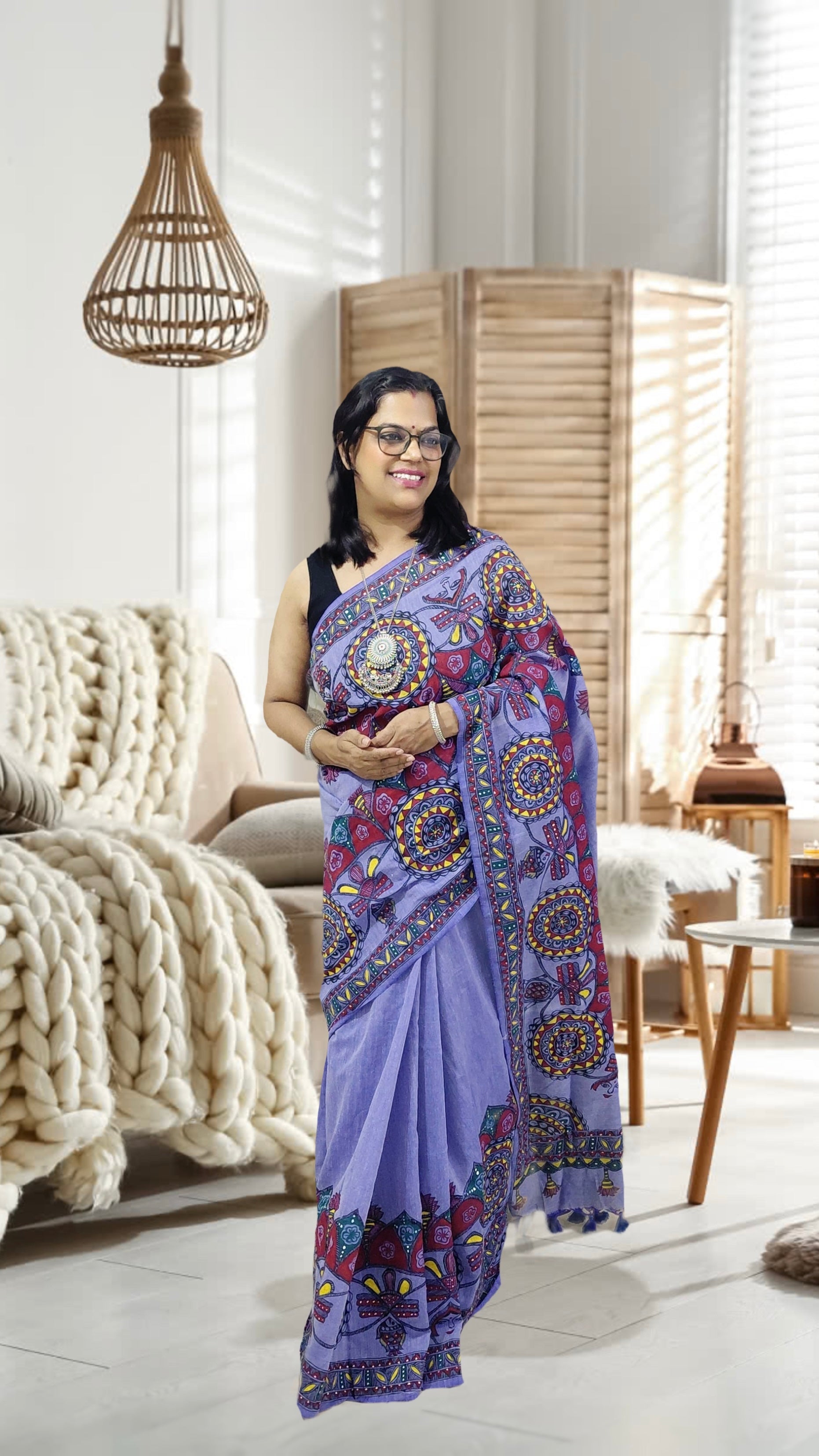 Hand-painted Madhubani saree with colourful mandala motifs