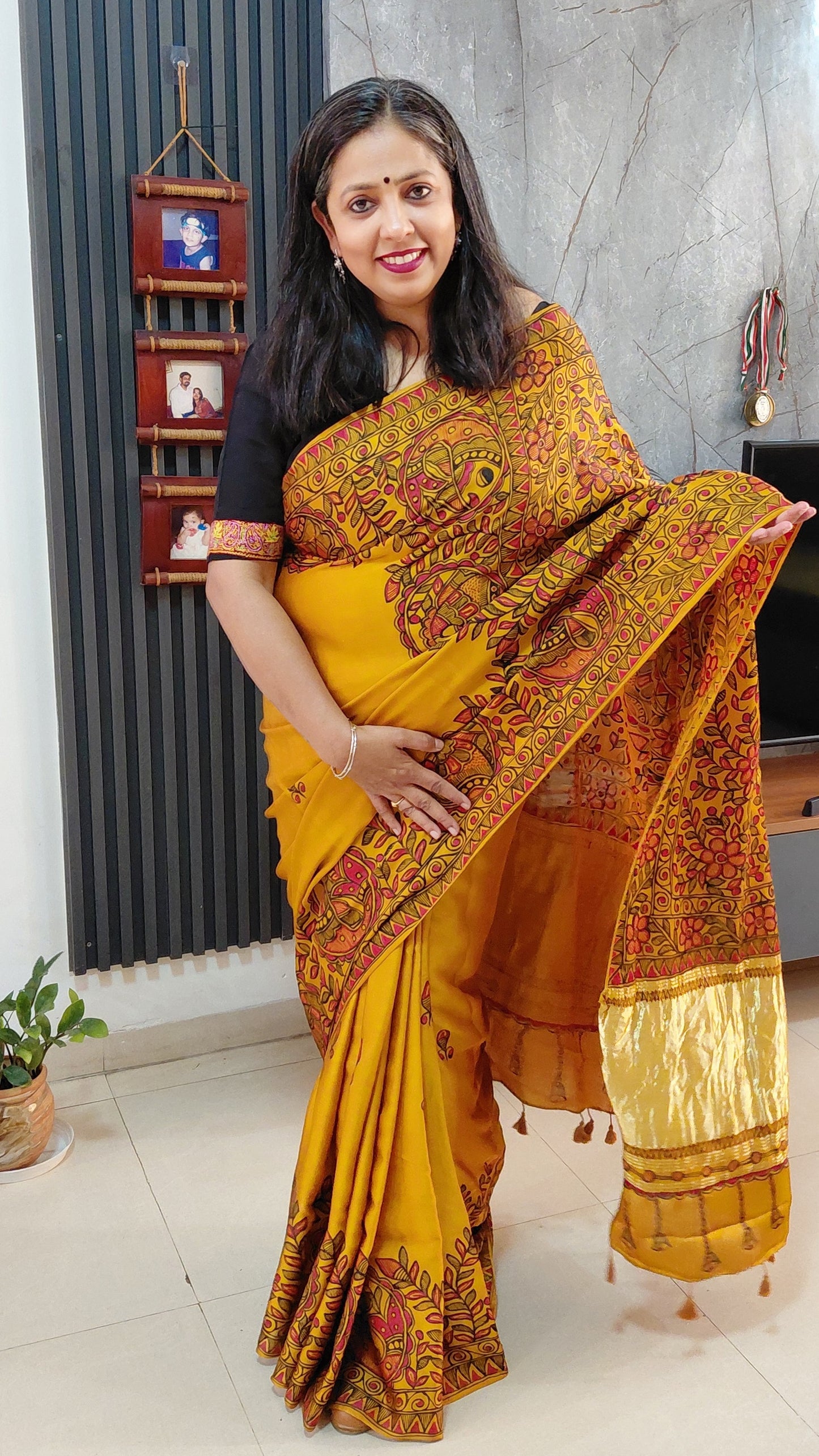 Mustard Modal Silk Madhubani Saree | Rangika Studio