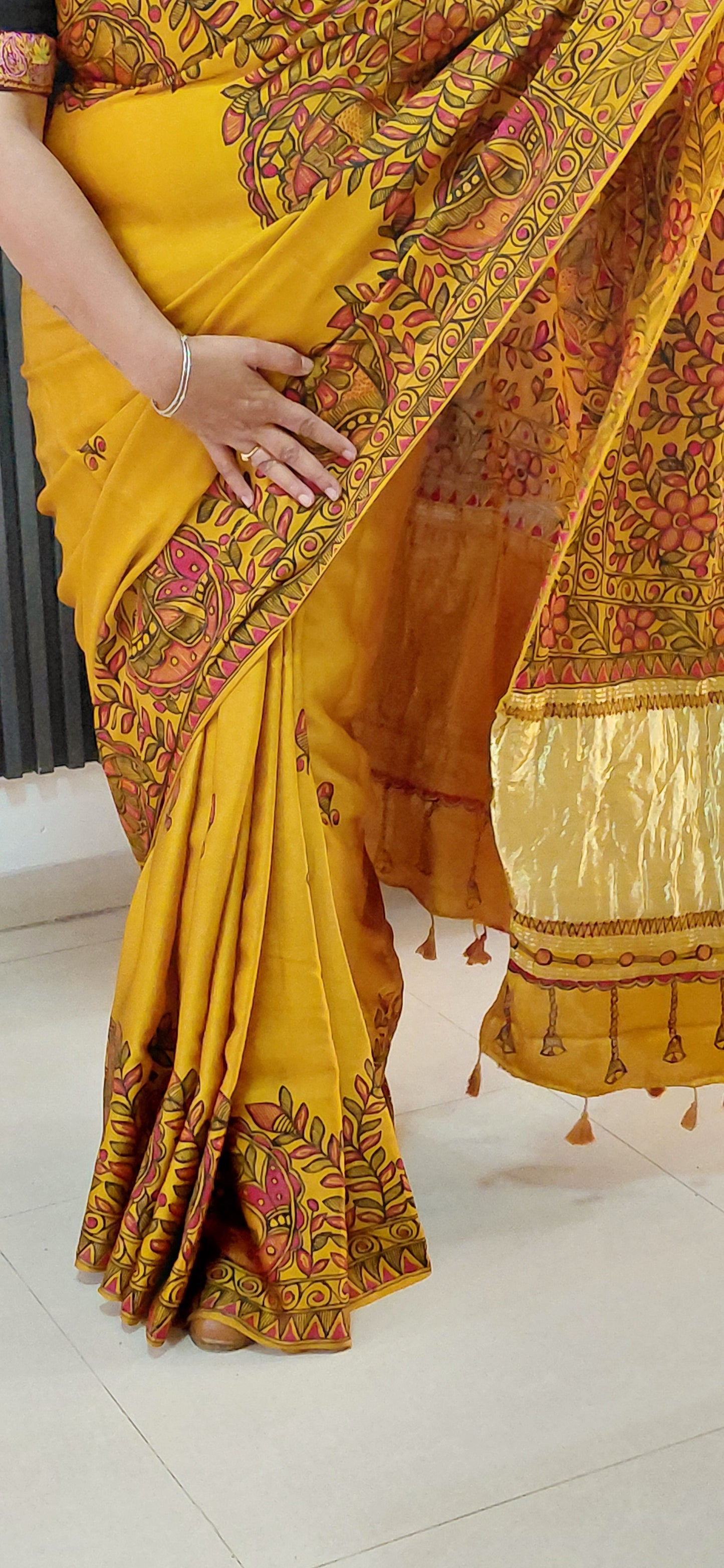 Mustard Modal Silk Madhubani Saree | Rangika Studio