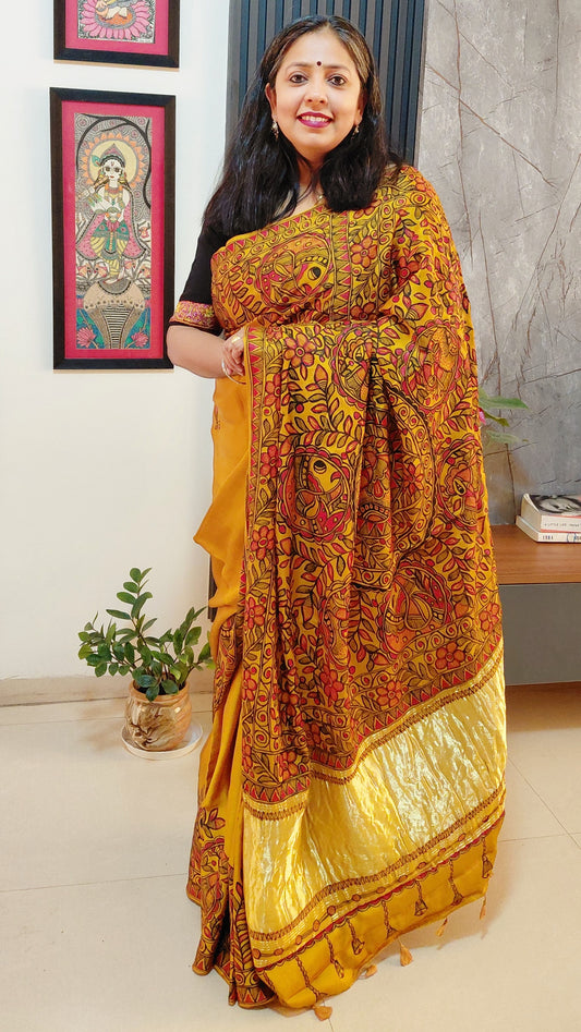 Mustard Modal Silk Madhubani Saree | Rangika Studio