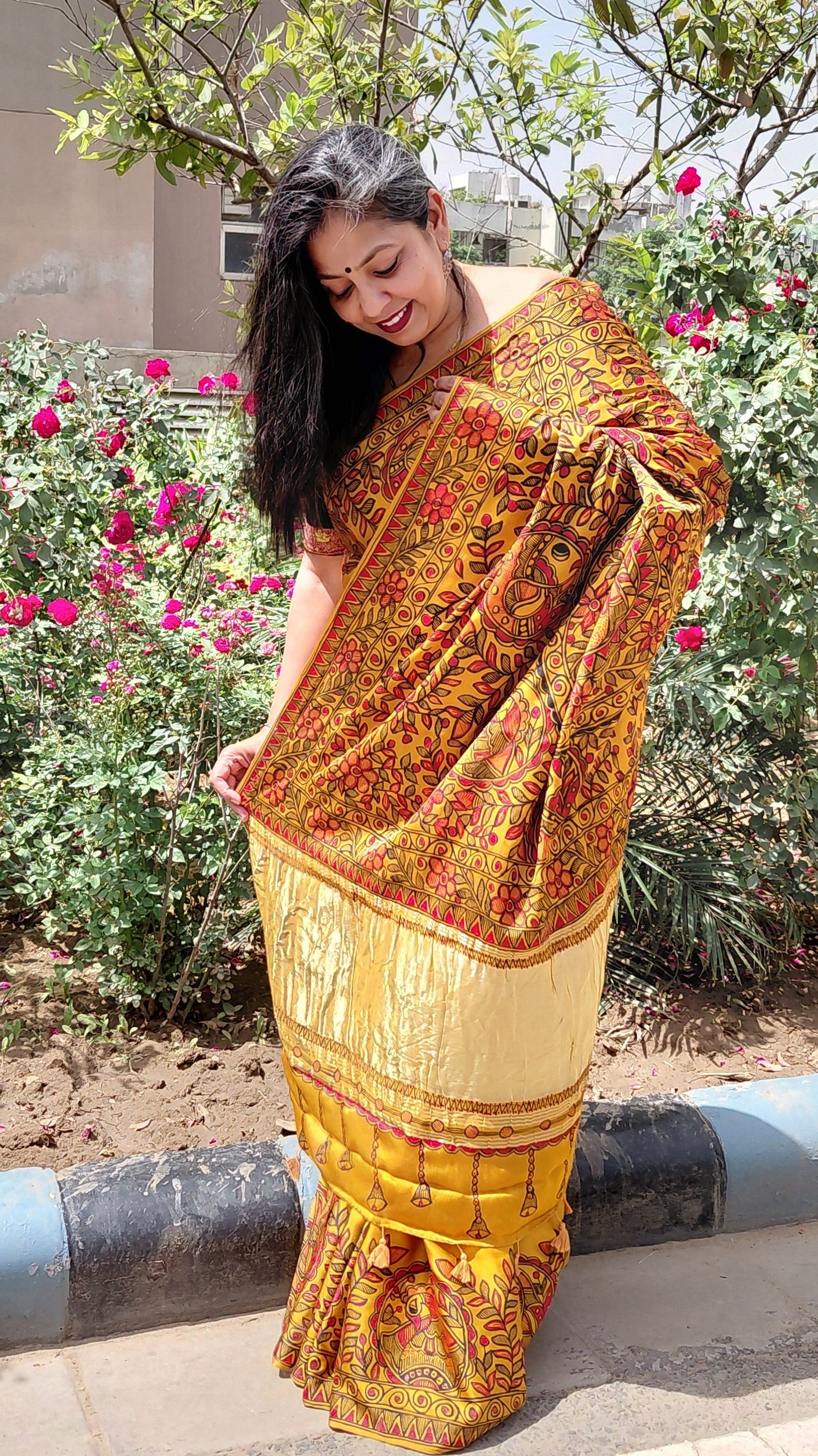 Mustard Modal Silk Madhubani Saree | Rangika Studio