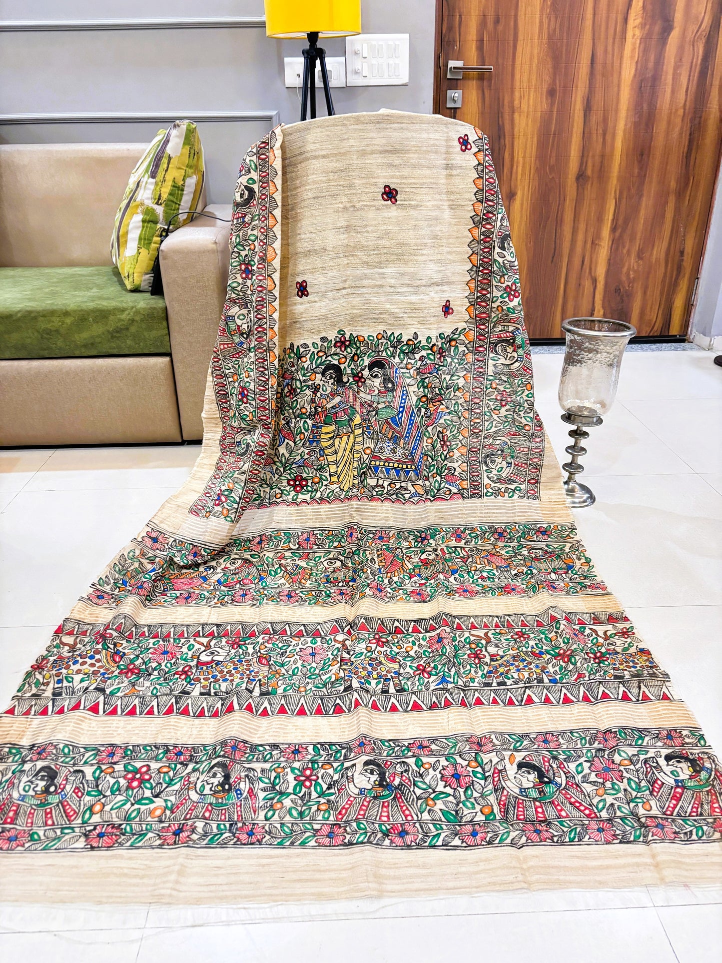 Kora Tussar Saree with Blouse - Ram-Sita Van Bhraman Theme Hand Painted Madhubani Art