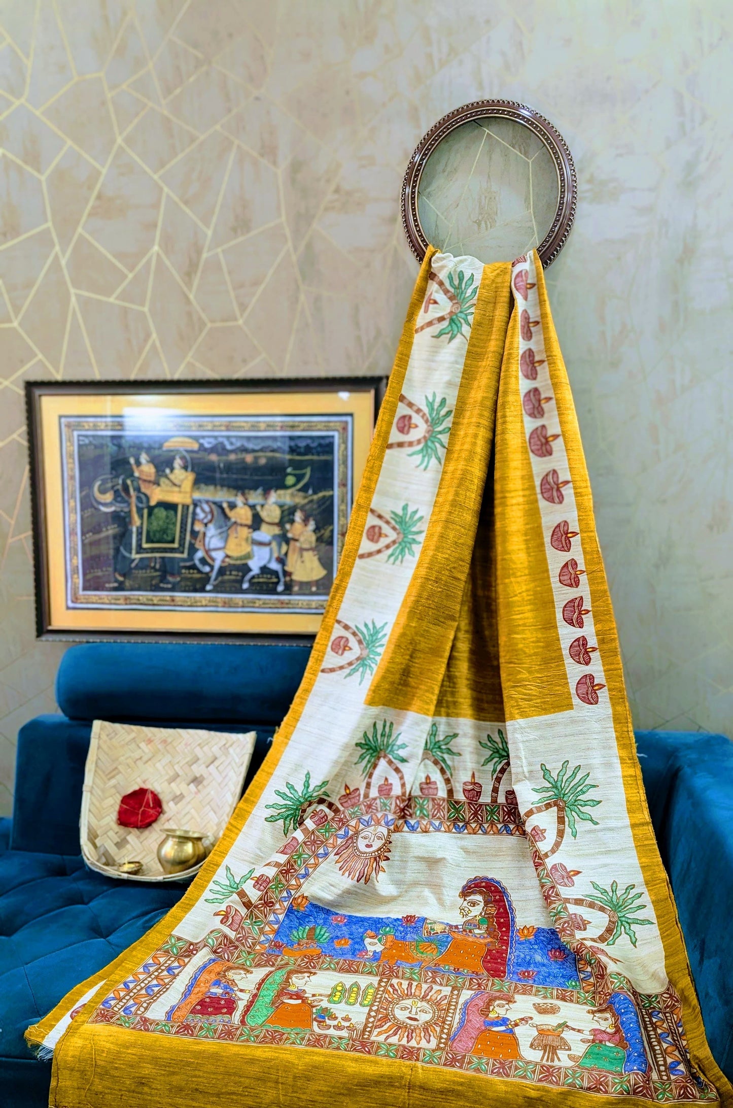 Mustard Tussar Ghicha Madhubani Saree | Rangika Studio
