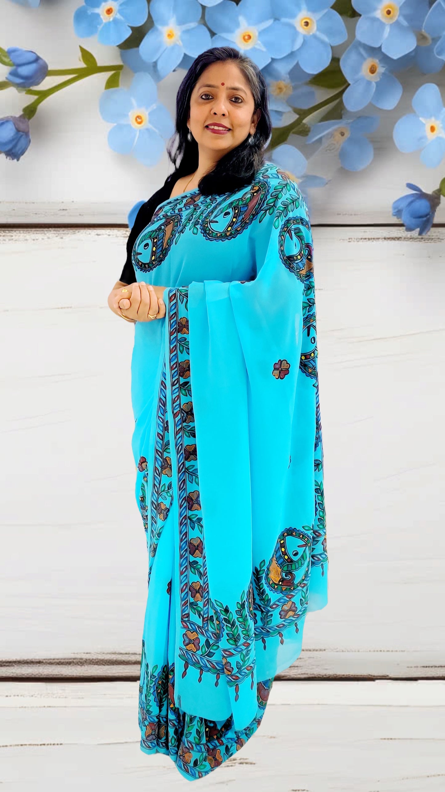 Sky Blue Georgette Madhubani Saree | Rangika Studio
