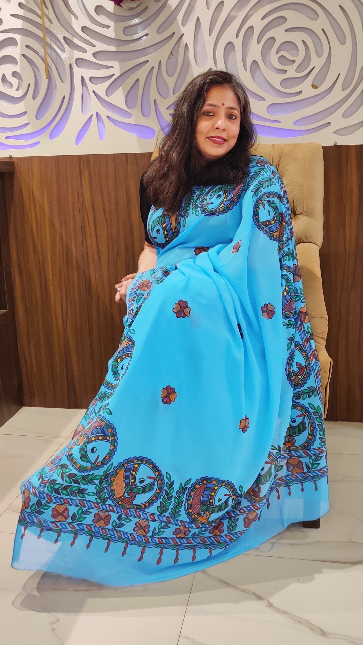Sky Blue Georgette Madhubani Saree | Rangika Studio
