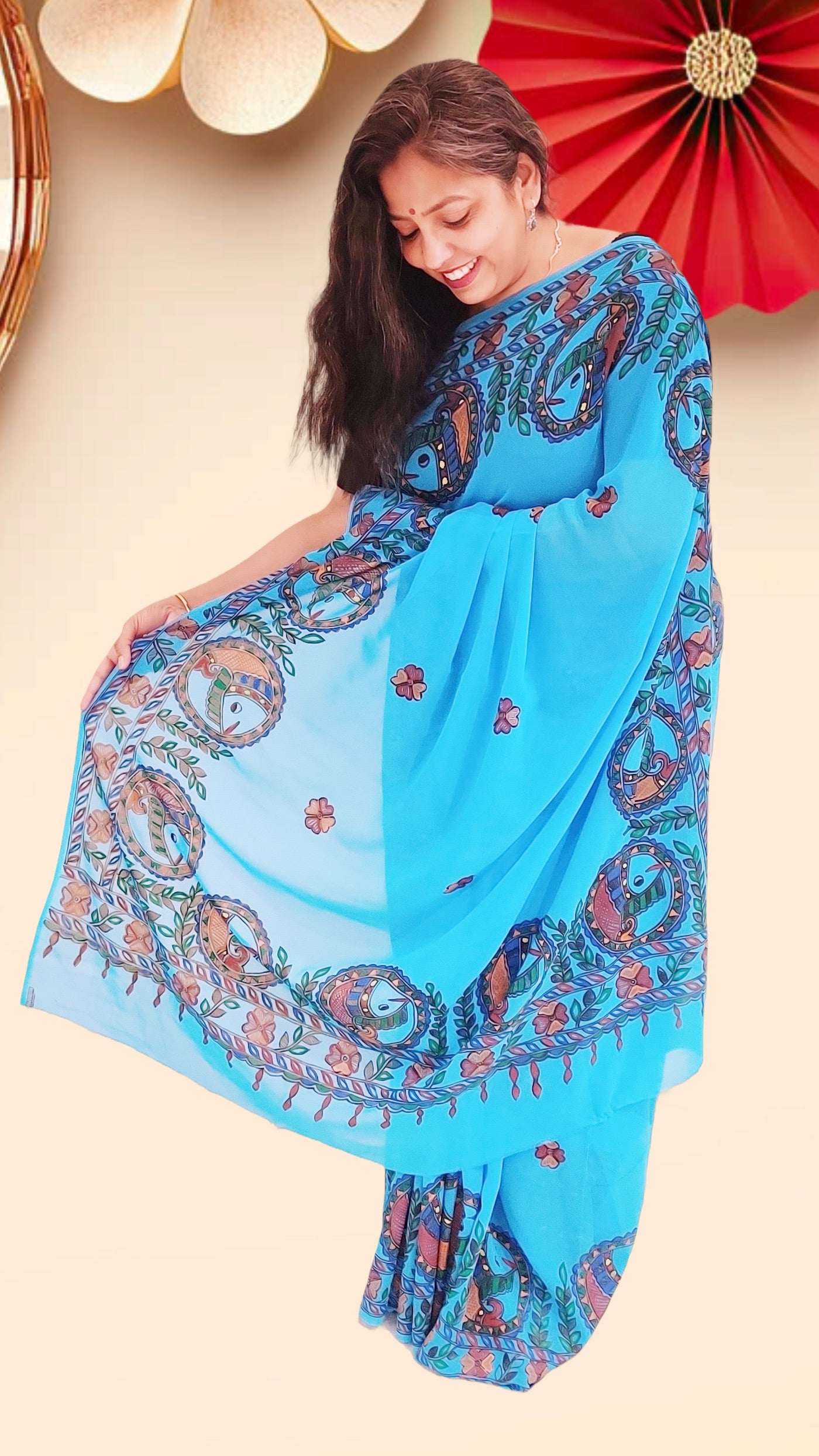Sky Blue Georgette Madhubani Saree | Rangika Studio