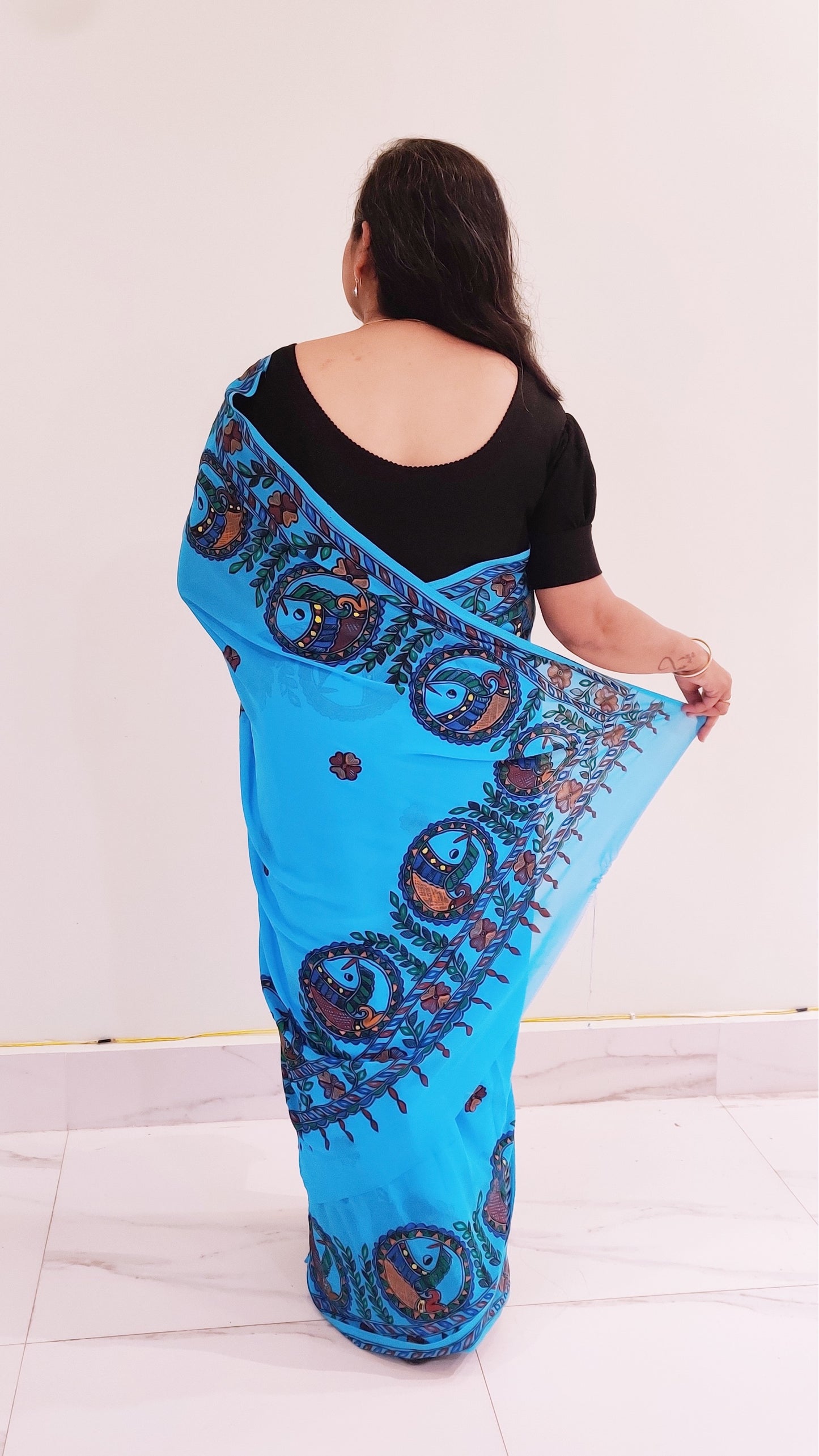 Sky Blue Georgette Madhubani Saree | Rangika Studio