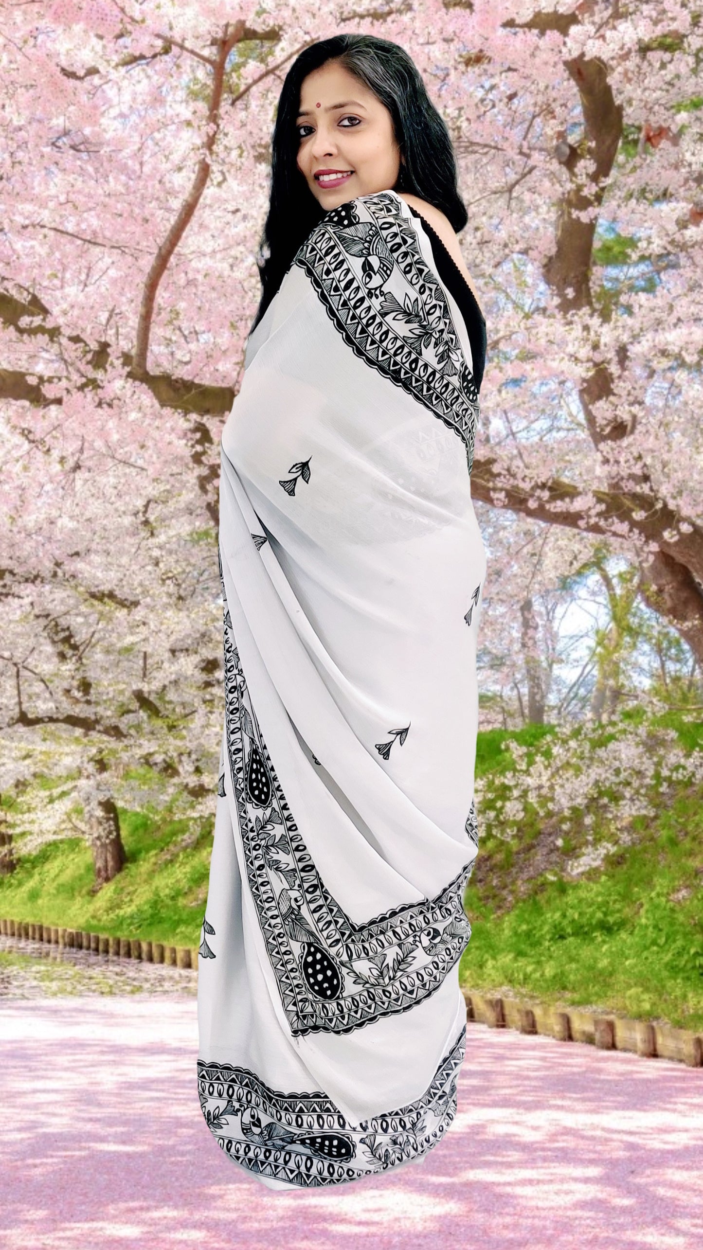 Grey Metallic Chiffon Madhubani Saree | Rangika Studio