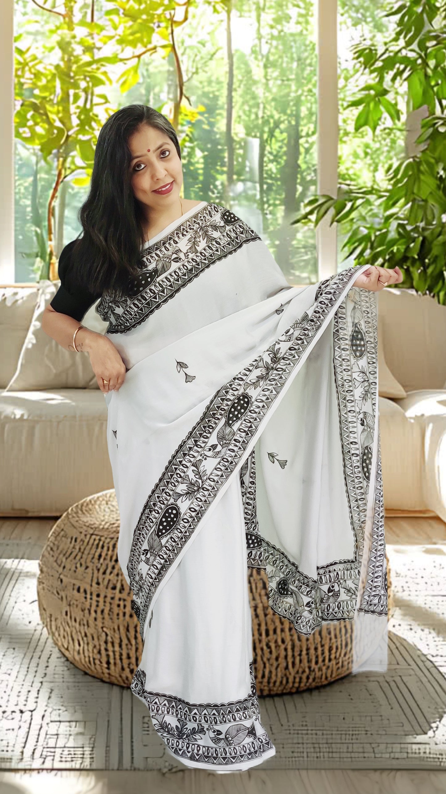 Grey Metallic Chiffon Madhubani Saree | Rangika Studio