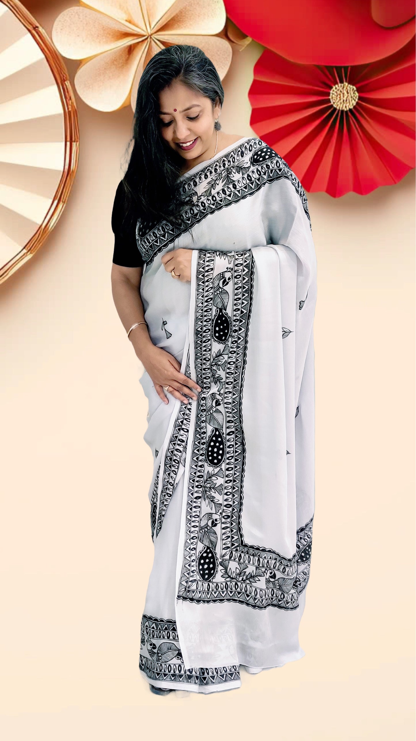 Grey Metallic Chiffon Madhubani Saree | Rangika Studio