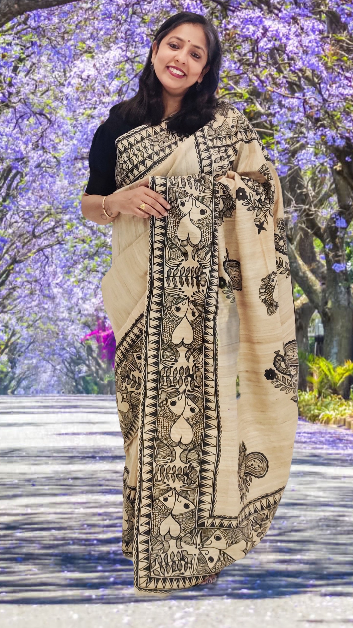 🦚🦈 Natural Tussar Ghicha Silk Madhubani Saree with Stitched Blouse | Rangika Studio
