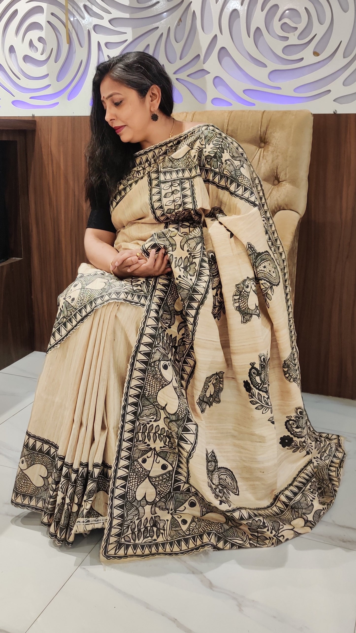 🦚🦈 Natural Tussar Ghicha Silk Madhubani Saree with Stitched Blouse | Rangika Studio
