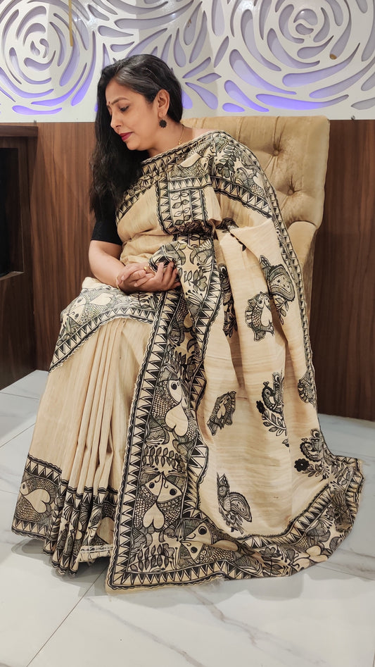 🦚🦈 Natural Tussar Ghicha Silk Madhubani Saree with Stitched Blouse | Rangika Studio