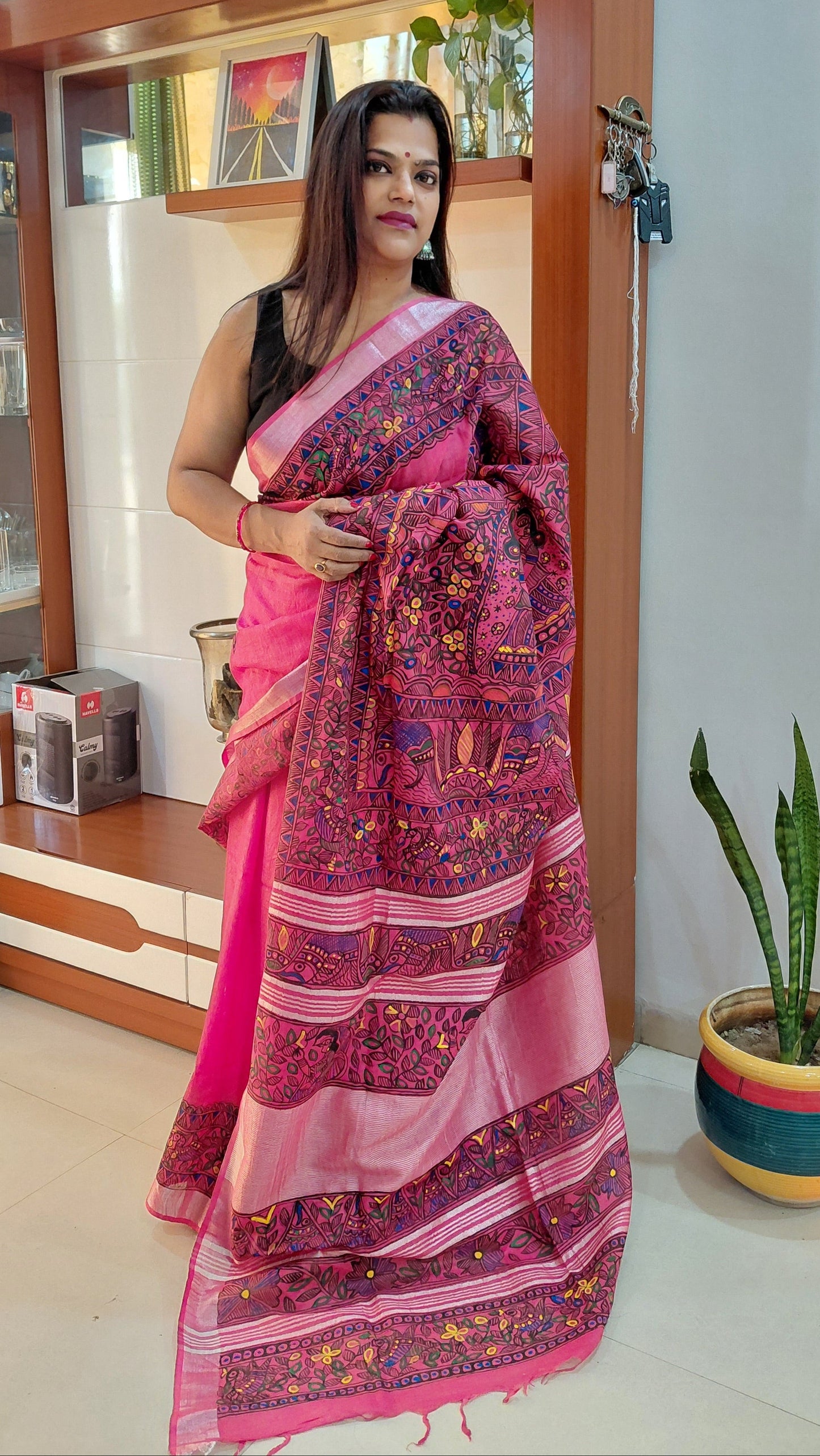 Soft Pink Linen Madhubani Saree | Rangika Studio